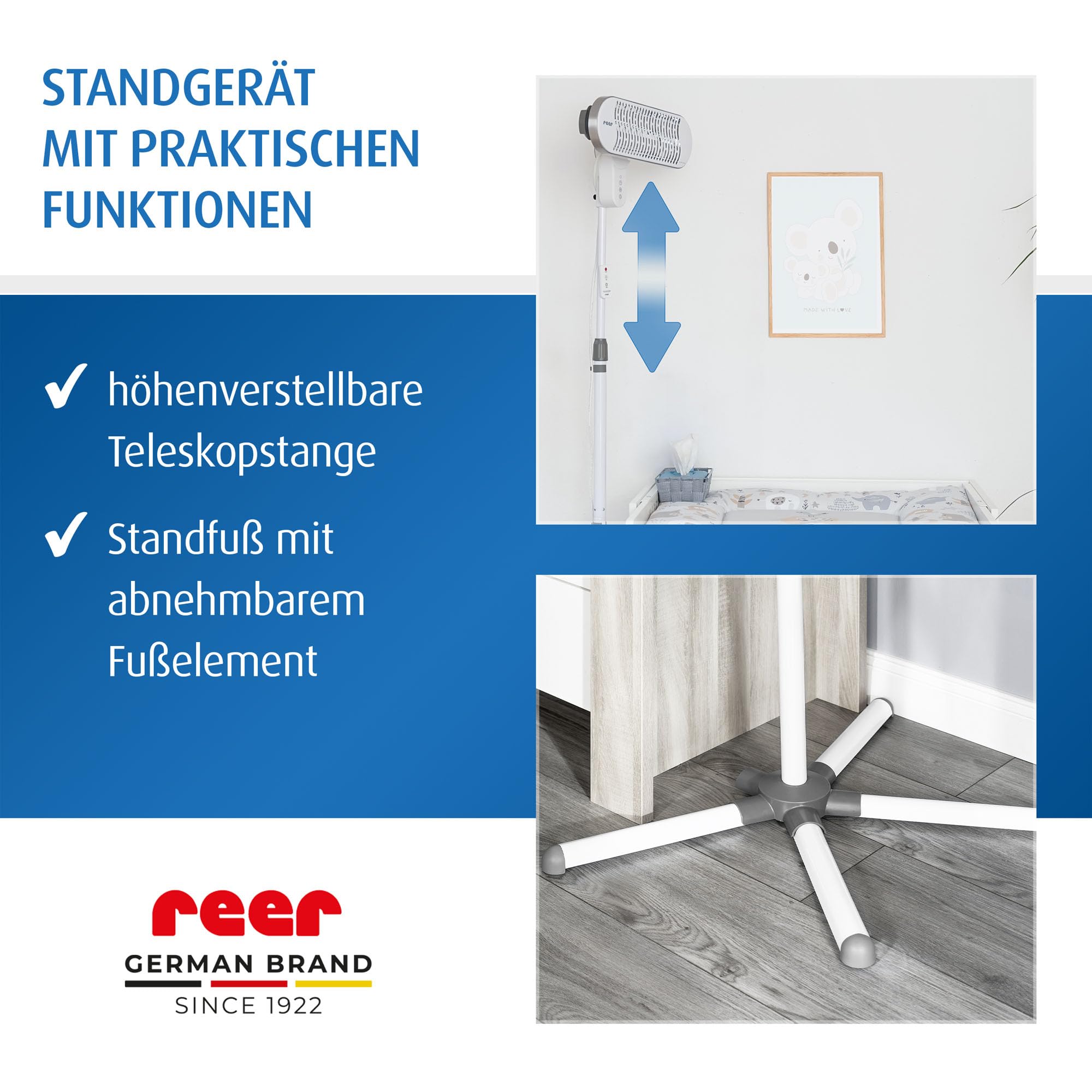 reer HeatCare+ Flex Wickeltisch-Wärmestrahler | EcoHeat Carbon Heizelement | Infrarot-Heizstrahler mit Standfuß & neigbarem Kopf | Wärmespender für Babys | Energiesparend | 2in1 Wand- oder Standgerät