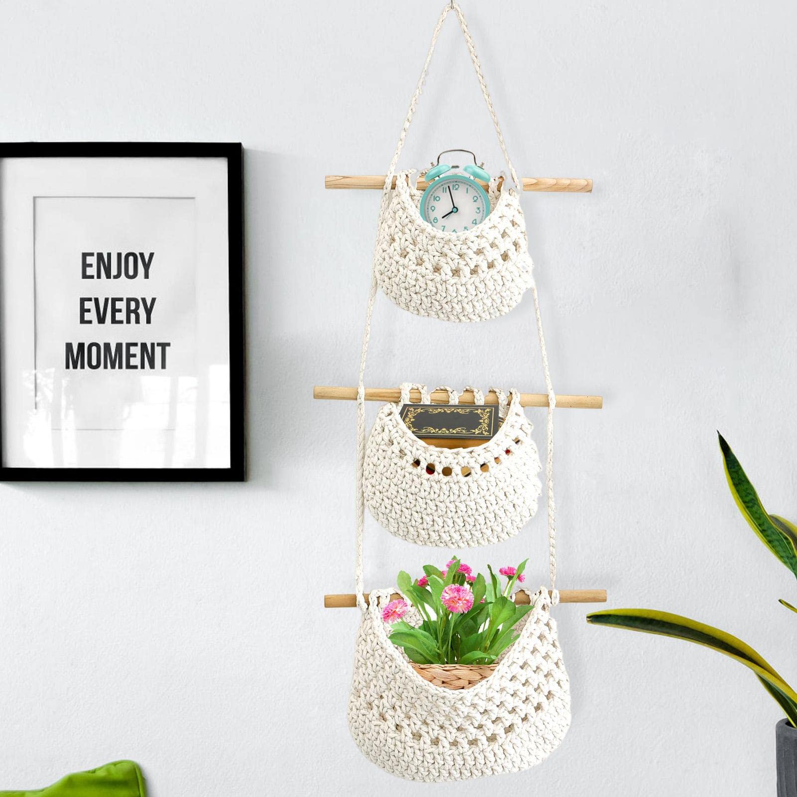 Kunyeah 3Pcs Cesti frutta appendere per la cucina, cesto a goccia appendere Boho Supporto parete ganci Fioriere parete Cestopiante appendere