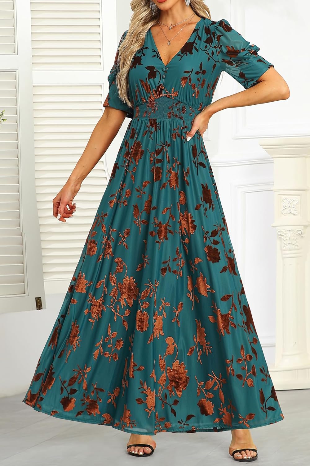 Pinup Fashion Velvet Wedding Guest Dress - Fall Formal Holiday V Neck Empire Waist Long Dresses