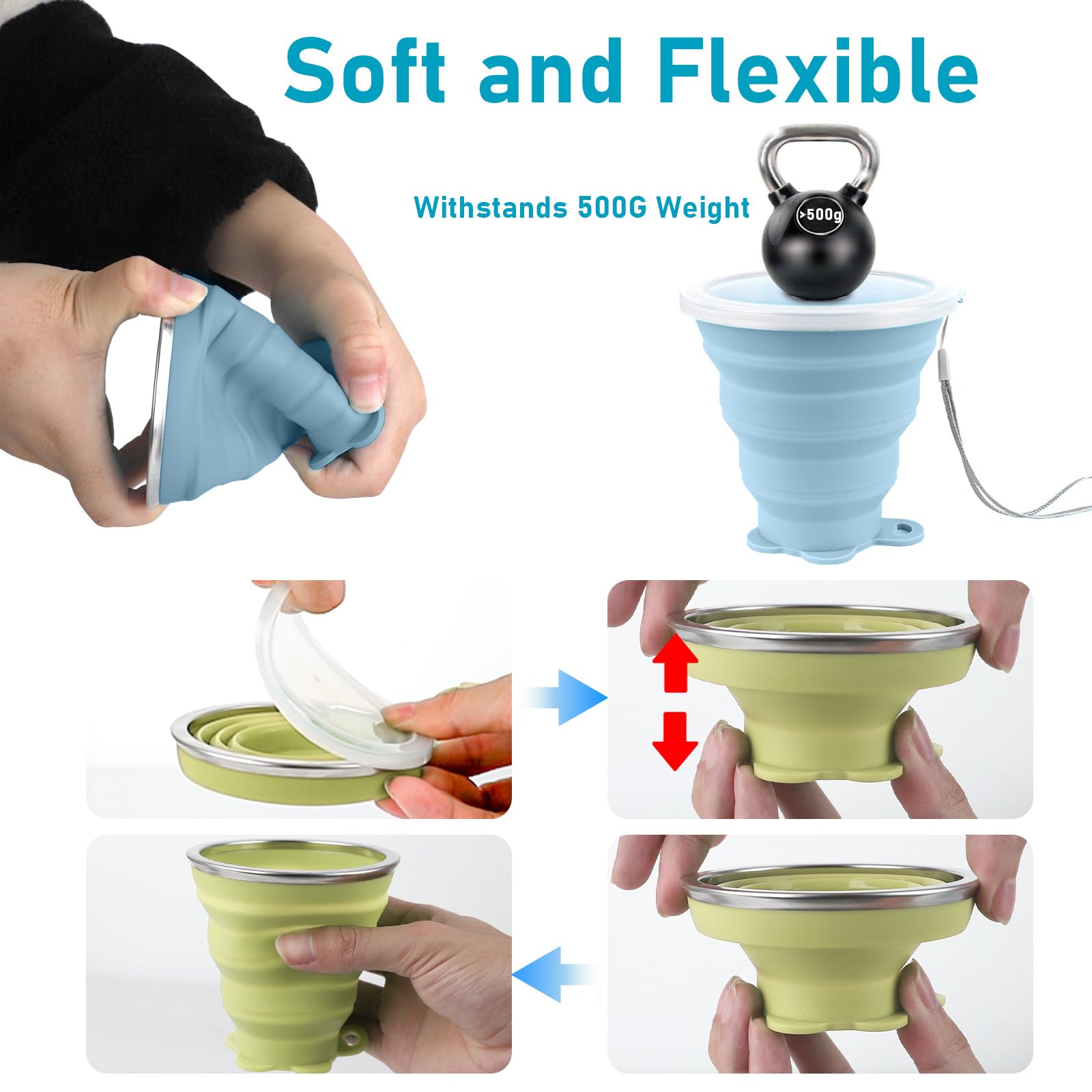 UNNESTAR Tazza da caffè in silicone pieghevole tazze per campeggio pieghevole da viaggio con paglia riutilizzabili tazze da bere portatili escursionismo all'aperto 450ml (verde-450ml, 1