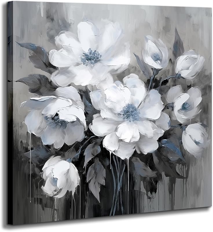 AnZhongArt Bathroom Canvas Wall Art, Bathroom Wall Decor,Living Room, Bedroom,Office,Small Gray and White Blue Flower Wall Decoration, 12x12 inches