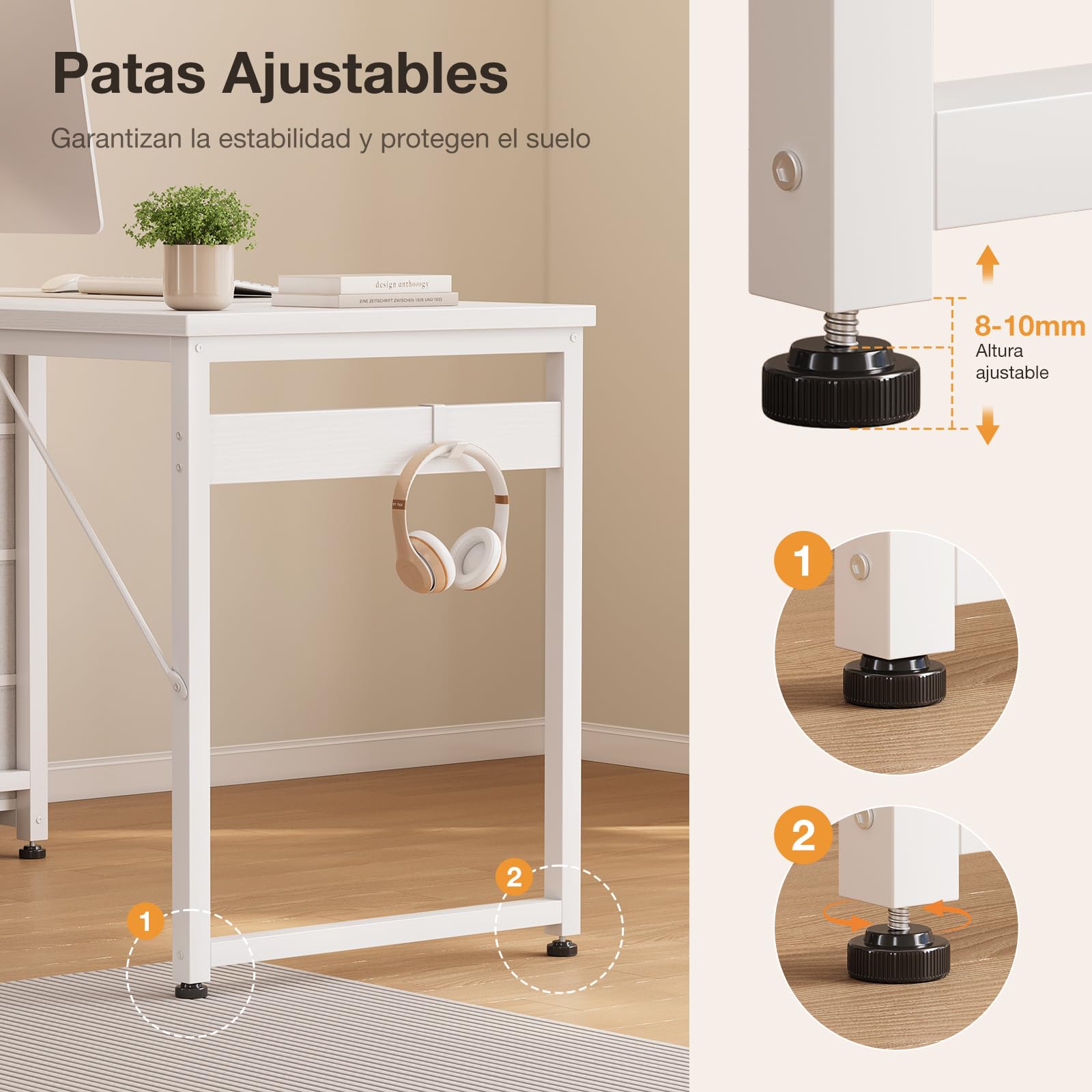 ODK Escritorio Ordenador con 4 Cajones de Tela, 100x48cm, Blanco | 4 Cajones de Tela para Organizar Documentos, Mesa Reversible con Gancho para Auriculares, para Oficina Estudio en Casa