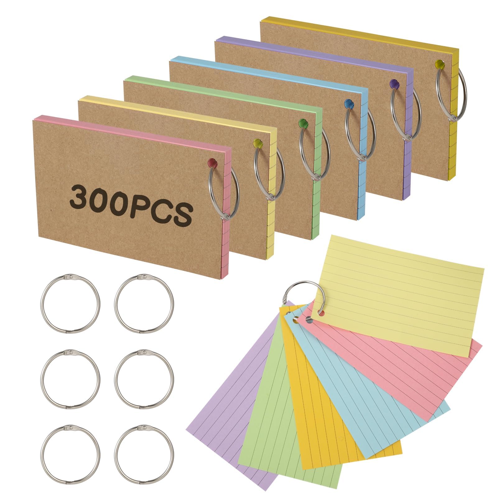 300PCS Flash Cards Ruled Index Cards Revision Cards with 6 Binder Rings, 12.7x7.6cm Kraft Paper Flashcards Lined Record Cards Study Cards for Office School Home Learning