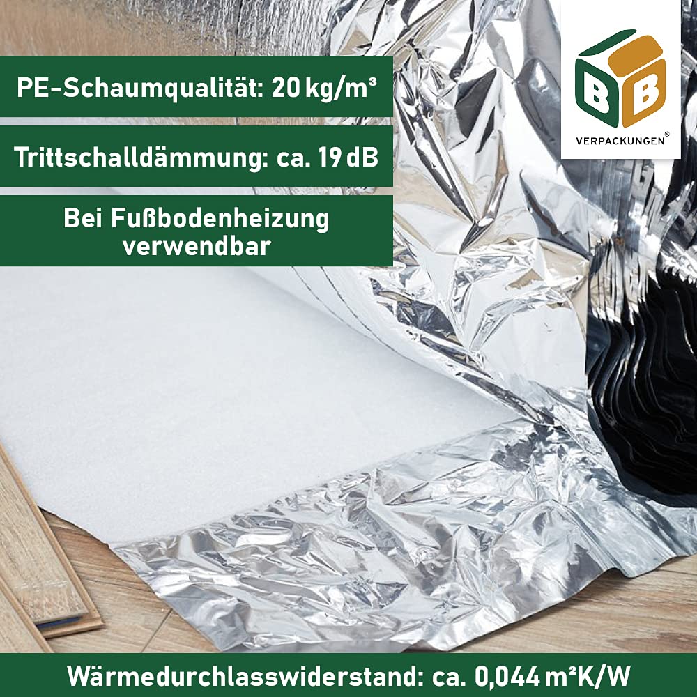 BB-Verpackungen 50 m² Alu-Trittschalldämmung mit Aluminium - Dampfbremsfolie 2mm Stärke für Laminat, Parkett usw