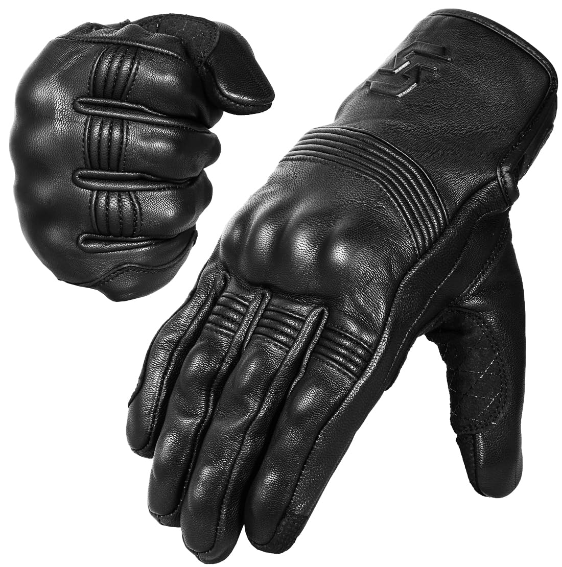 Leather Motorcycle Gloves for Men and Women | Touchscreen | Full Finger | Goatskin Leather Hard Knuckle Motorcycle Riding Gloves (Un-Perforated, Small)