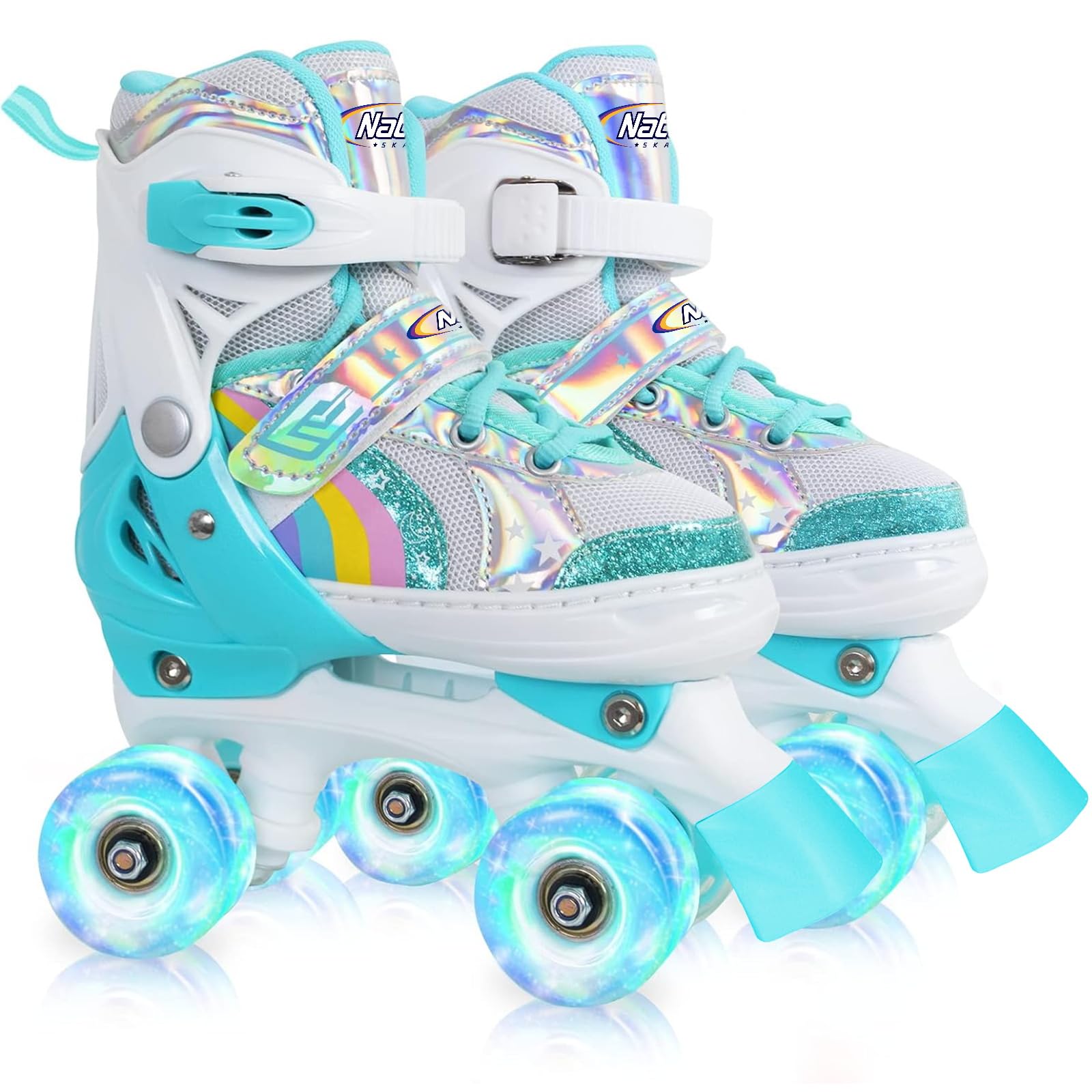Girls Roller Skates for Little Kids Toddler Ages 3-8, 4 Size Adjustable Rainbow Quad Skates with All Light Up Wheels for Outdoor Sports