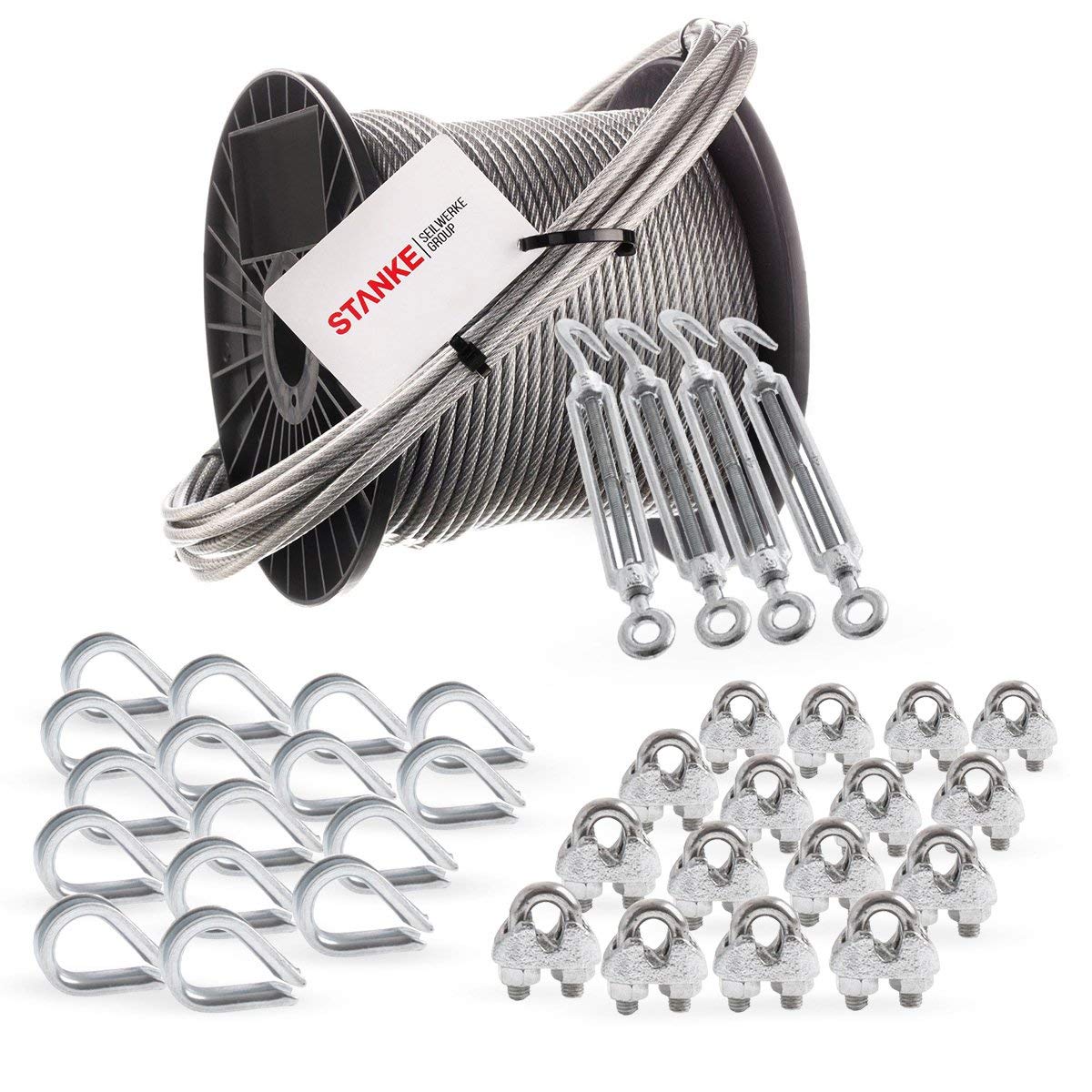 Seilwerk STANKE Câble d’acier galvanisé gainé (couche PVC) 40m diamètre 6mm 6x7, 4x Tendeur M10 Œil-Crochet, 16x Cosse-Cœur, 16x Serre-Câble à étrier - SET 6