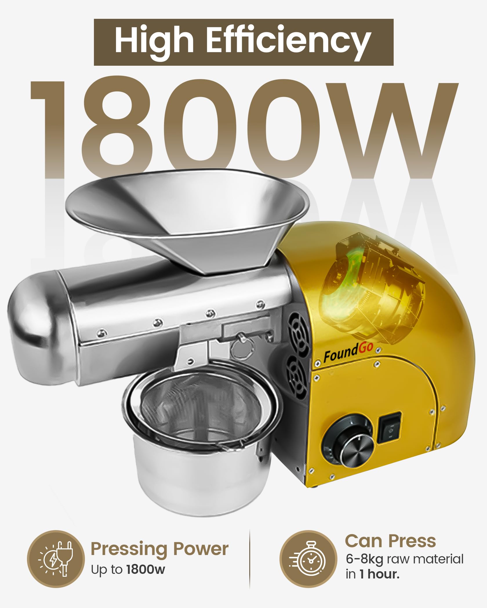FoundGo 1800W Ölpresse 0-300℃ Öl Pressmaschine Elektrische Ölmühle Walnüsse Erdnüsse Kaltpresse Automatische Heißprsse Edelstahl Extraktor für Kommerziell & Haushalt, 6-9kg/St. (Golden)
