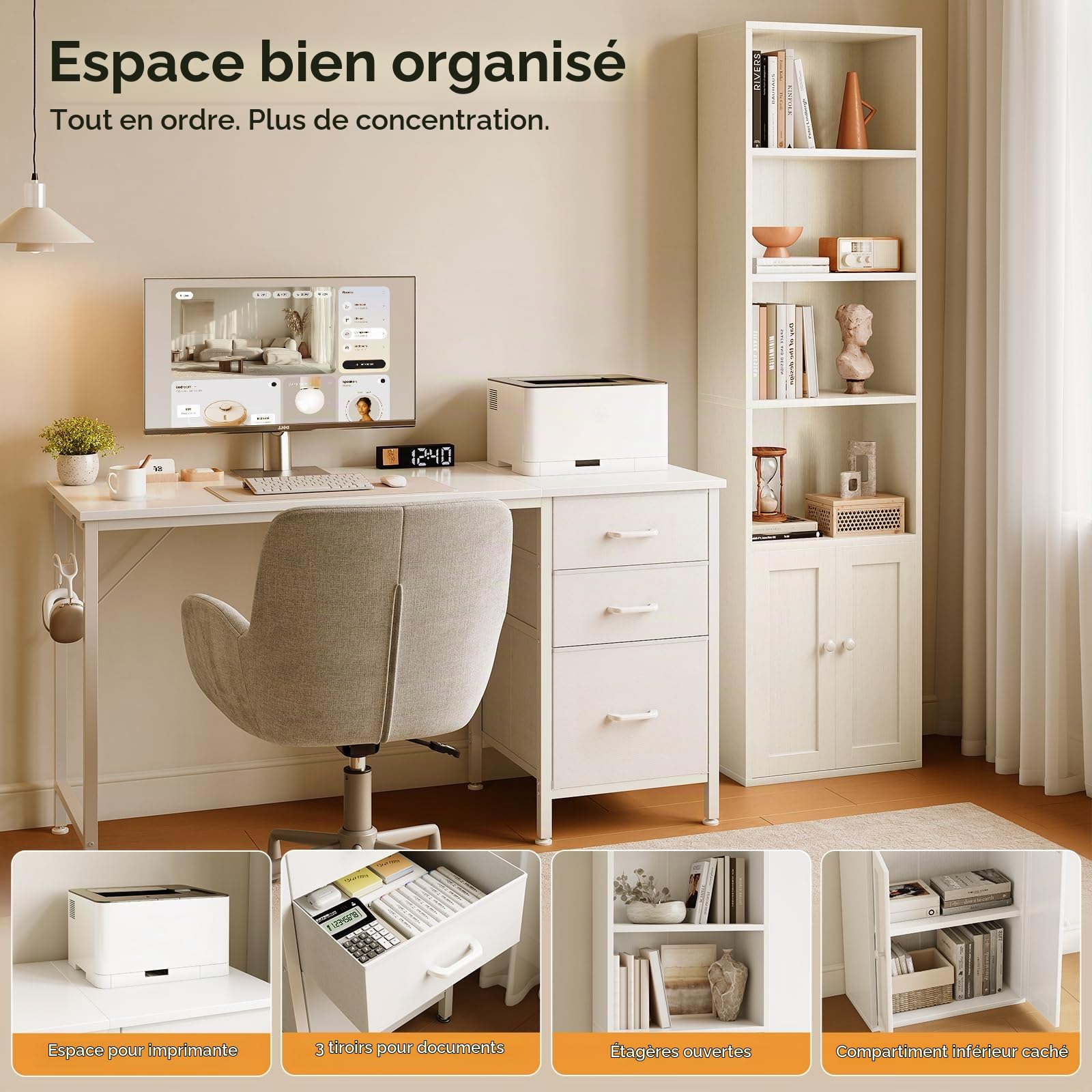 Coleshome Lot Bureau + Bibliothèque – Bureau 120x48cm avec 3 Tiroirs + Bibliothèque 6 Étagères avec Portes – Ensemble Blanc pour Bureau Maison et Rangement