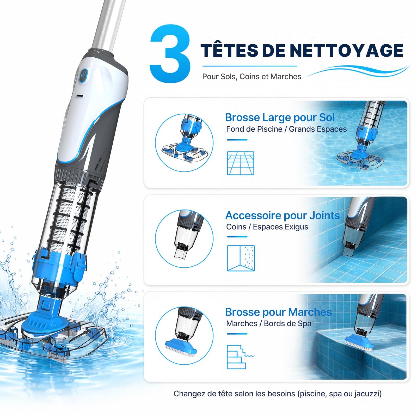 2026​ Aspirateur Piscine à Batterie, Aspirateur de Spa sans Fil | Aspirateur Balai Piscine Hors Sol, Nettoyeur Électrique pour Spa, Jacuzzi, Petite Piscine, Double Filtration, Bleu