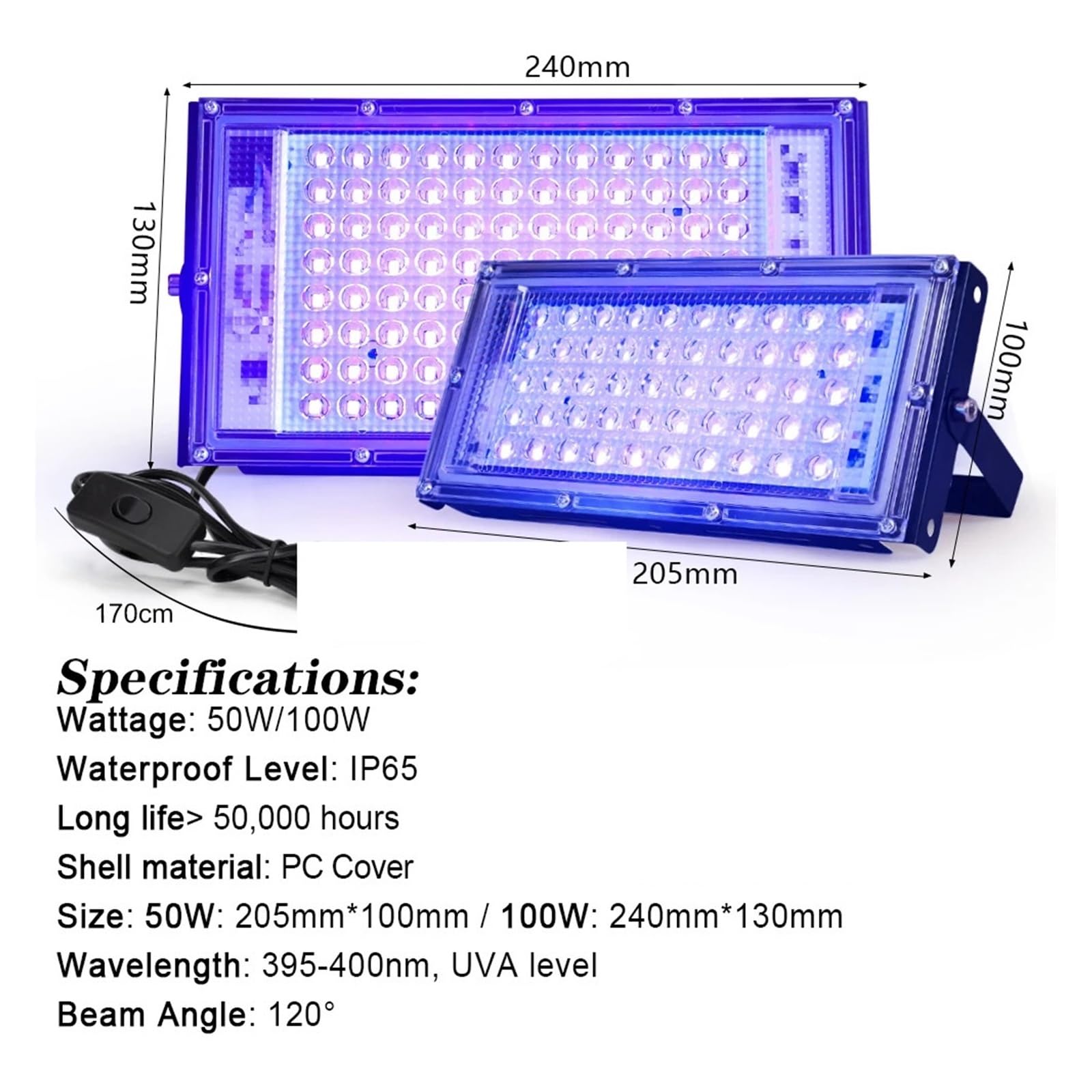 Luce LED UV, 50W 100W UV LED Luce di inondazione Indoor Outdoor LED Blacklight Proiettore 395nm 400nm Lampada da palco fluorescente ultravioletta Faretto for feste per unghie in gel UV e polimerizzazi