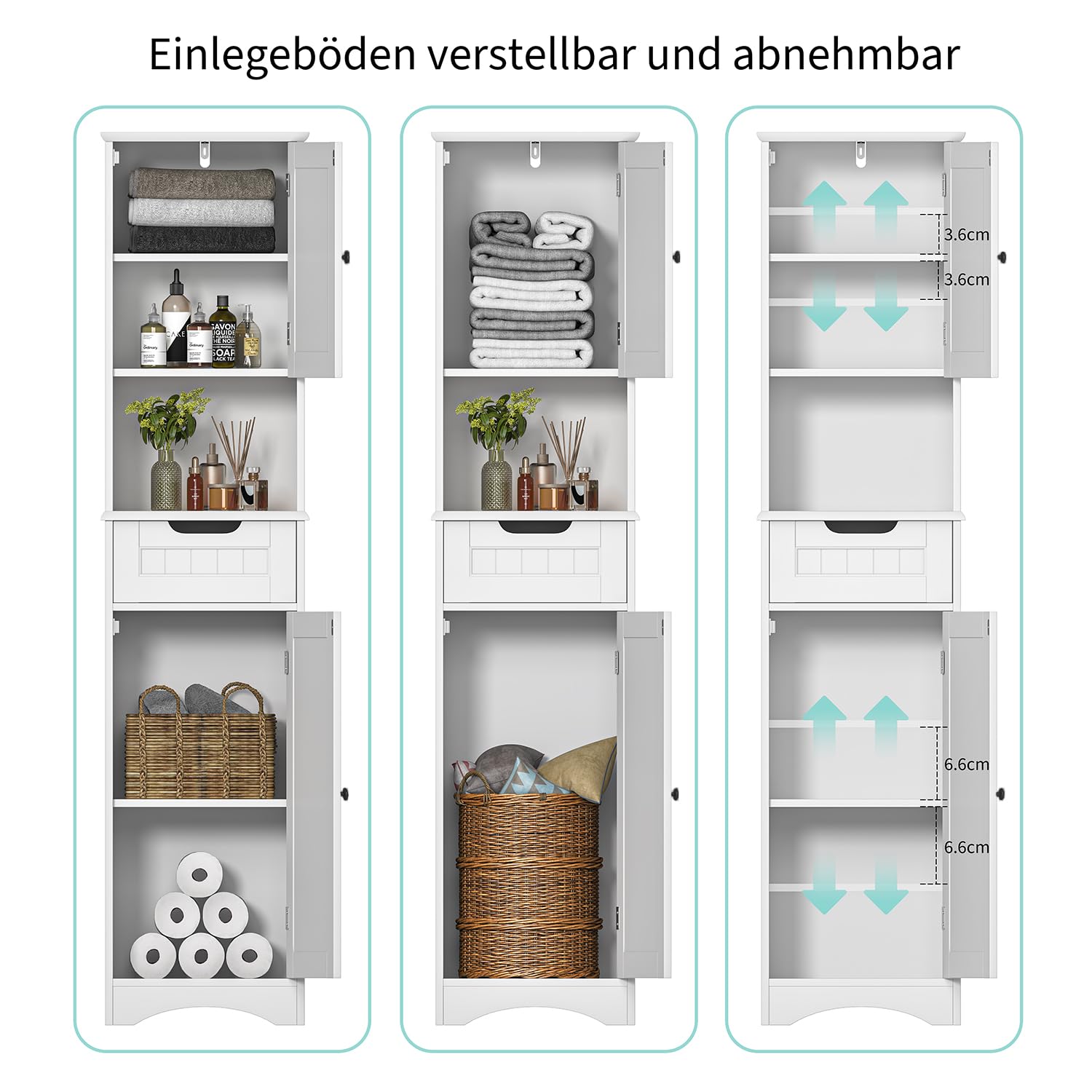 Bealife Hoher Badezimmerschrank, Aufbewahrungsschrank mit Offenem Fach, Badezimmerschrank mit Verstellbaren Einlegeböden für Bad, Wohnzimmer, Küche, Weiß, 30 x 40 x 170 cm