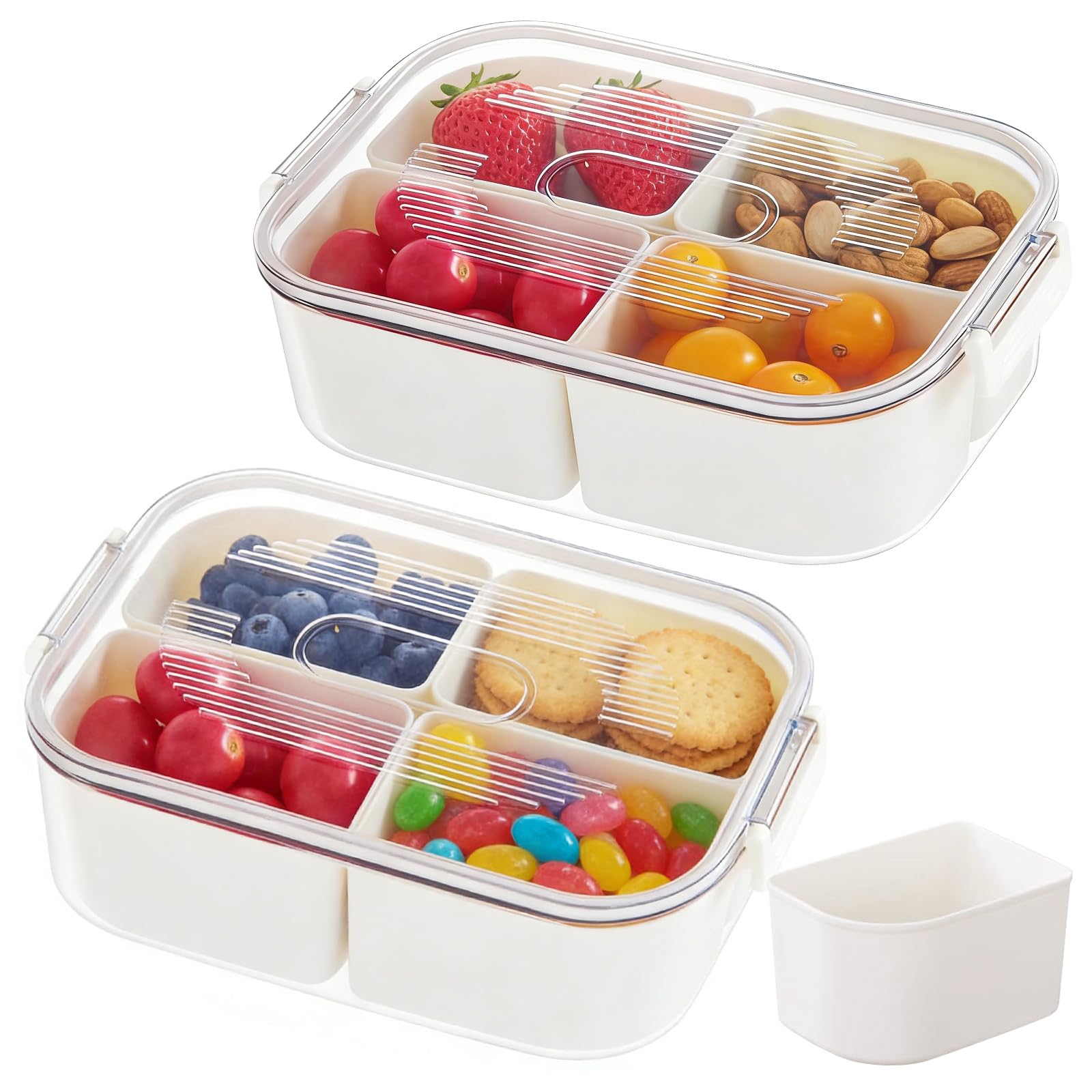 CECOMBINE 2 Pack Snack Box, 2000ml Snack Storage Box with 4 Removable Compartments, Leak-Proof Bento Lunch Box for Kids Adults, Divided Food Storage Container for Fruits, Snacks, Travel & Picnics