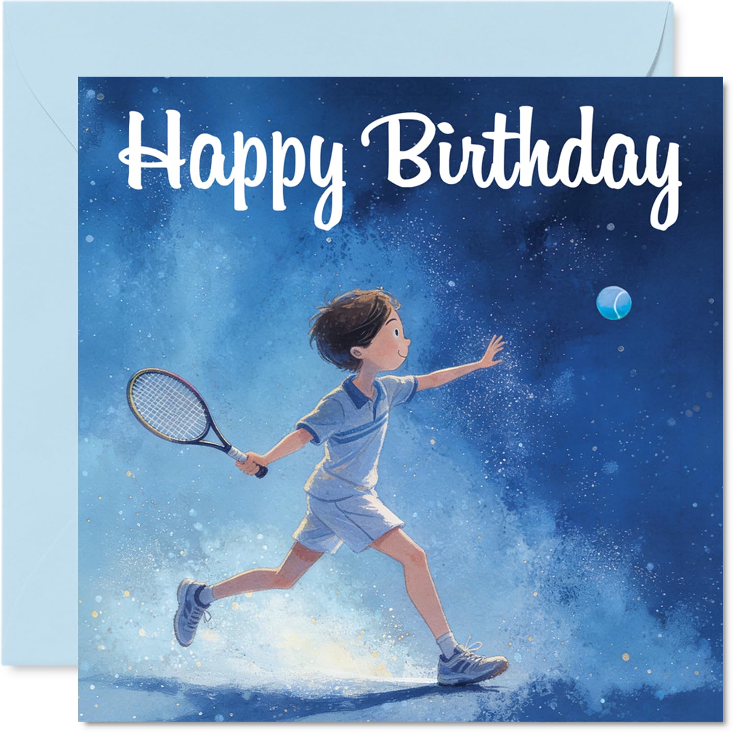 Playful Birthday Card - Serve Up Birthday Fun - Energetic Tennis Boy Illustration with Dreamy Blue Vibes - Playful Design for Sporty Little Ones - 145mm Square, Envelope Included