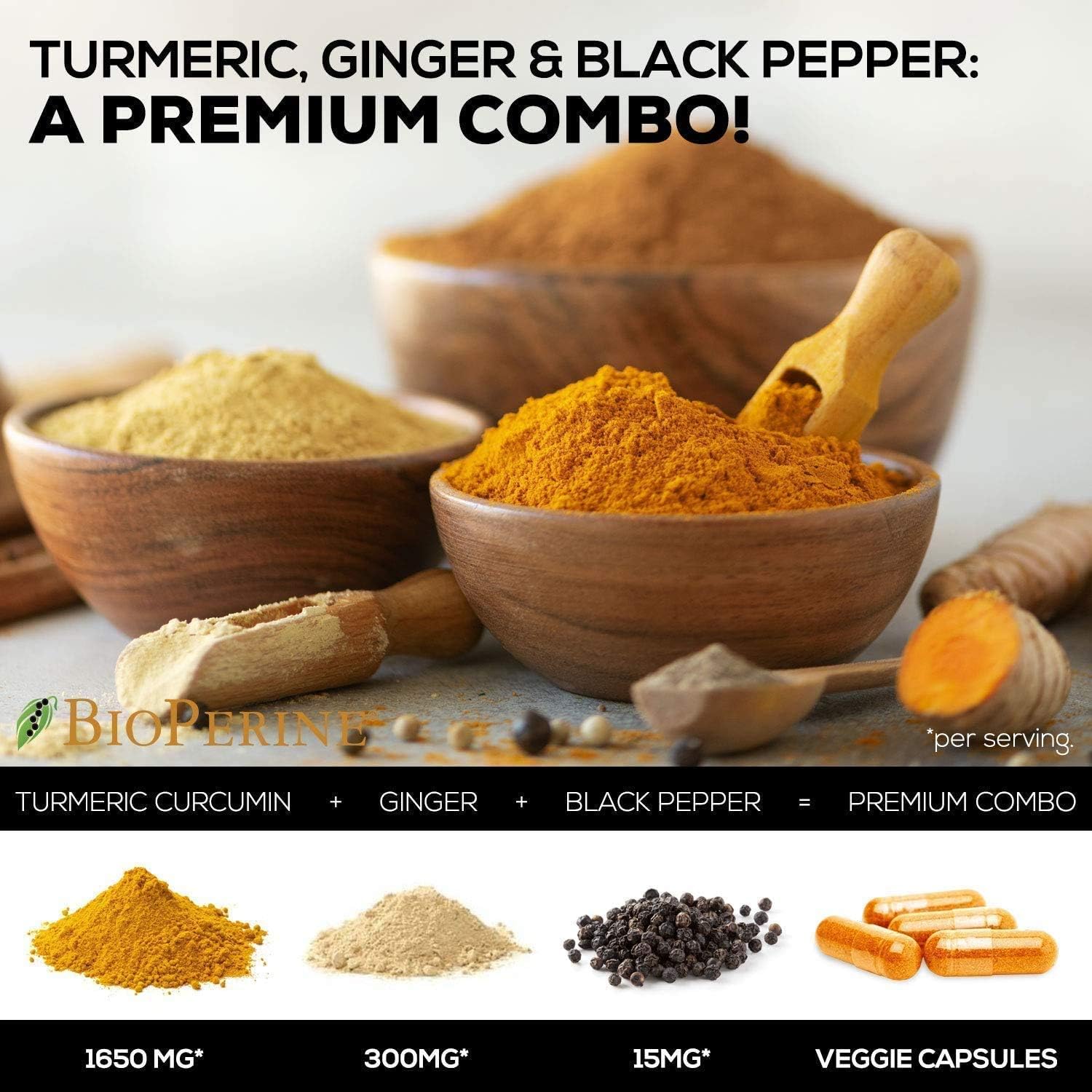Turmeric Curcumin with BioPerine & Ginger 95% Standardized Curcuminoids 1950mg - Black Pepper for Max Absorption, Natural Joint Support, Nature's Tumeric Extract Supplement Non-GMO - 60 Capsules
