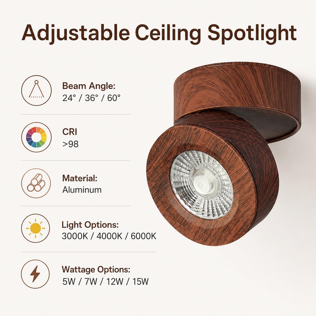 Adjustable LED Ceiling Spotlight, Walnut Finish Surface Mount Lamp | Directional indoor ceiling fixture with tilting head and CRI >98 for hallway, shop and display use(6000K,7W)