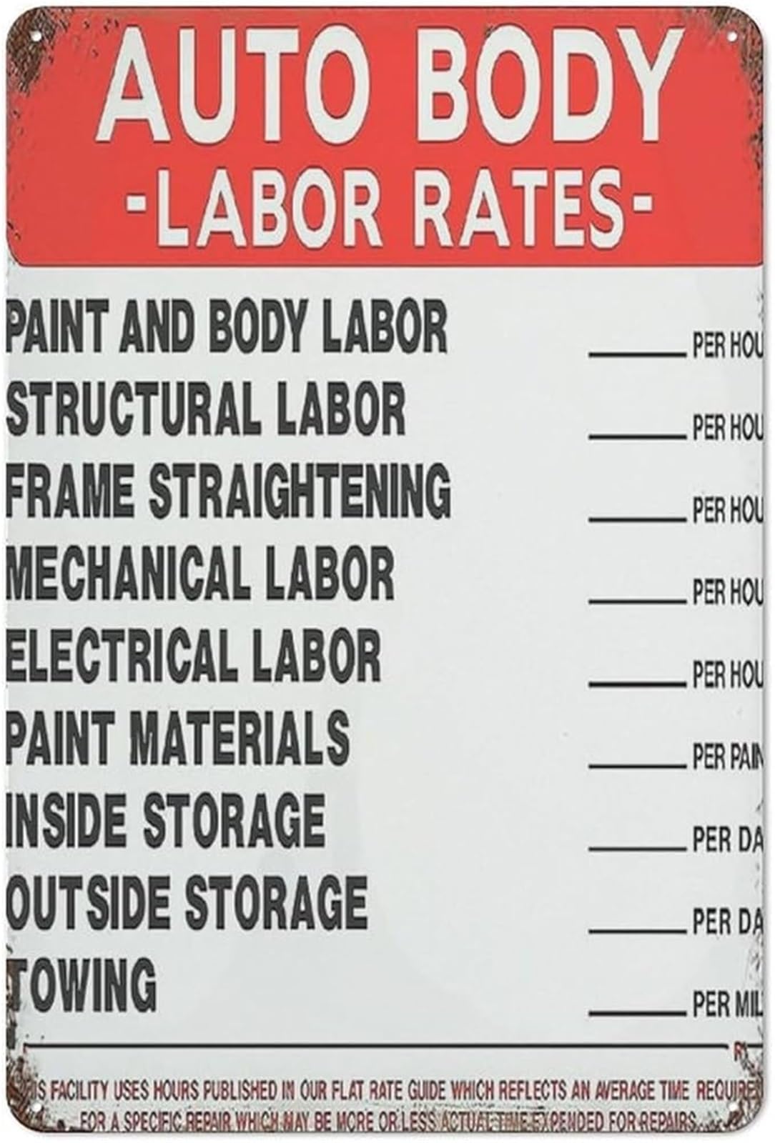 EKFBQBGW Funny Mechanic Shop Metal Sign Vintage Labor Rate Tin Plaque For Garage Workshop Pub Home Office Wall Decor 8 X 12 inch
