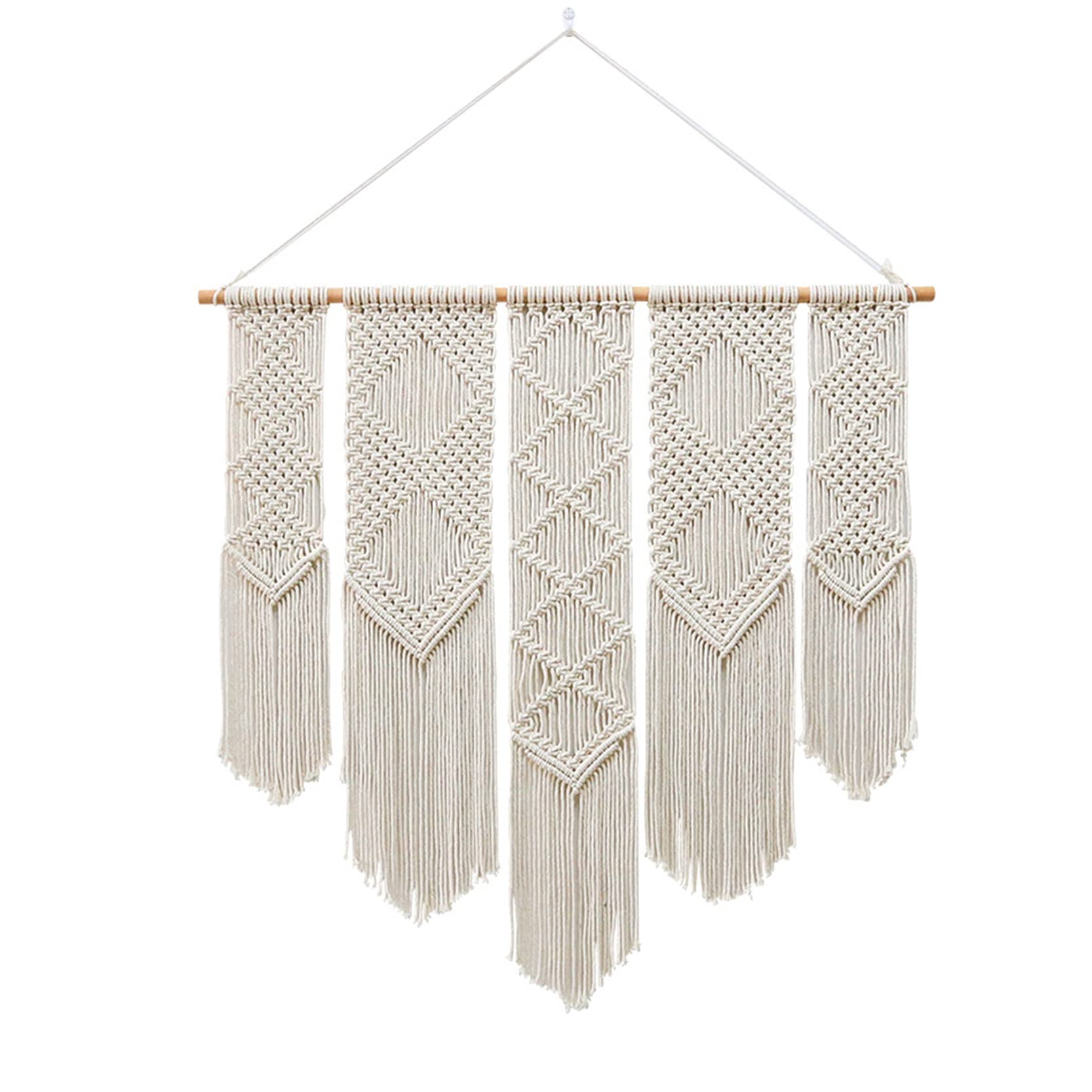 Duża makrama ścienna wisząca gobelin naturalny wystrój z drewna dryfującego, boho makrama gobelin sztuka bawełniana lina tkane gobeliny geometryczne dekoracje ścienne,Beige-100x100cm