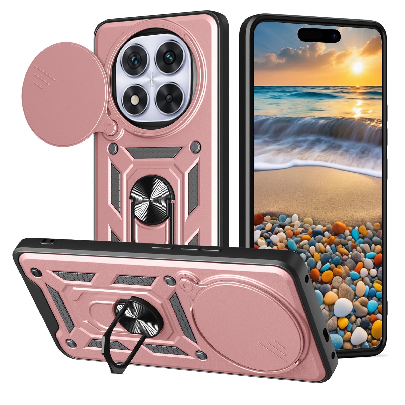 CSmall for Xiaomi Redmi Note 14 Pro+ 5G Case with Slide Camera Lens Cover, Military Grade Shockproof with Rotating Ring Kickstand Protection Case