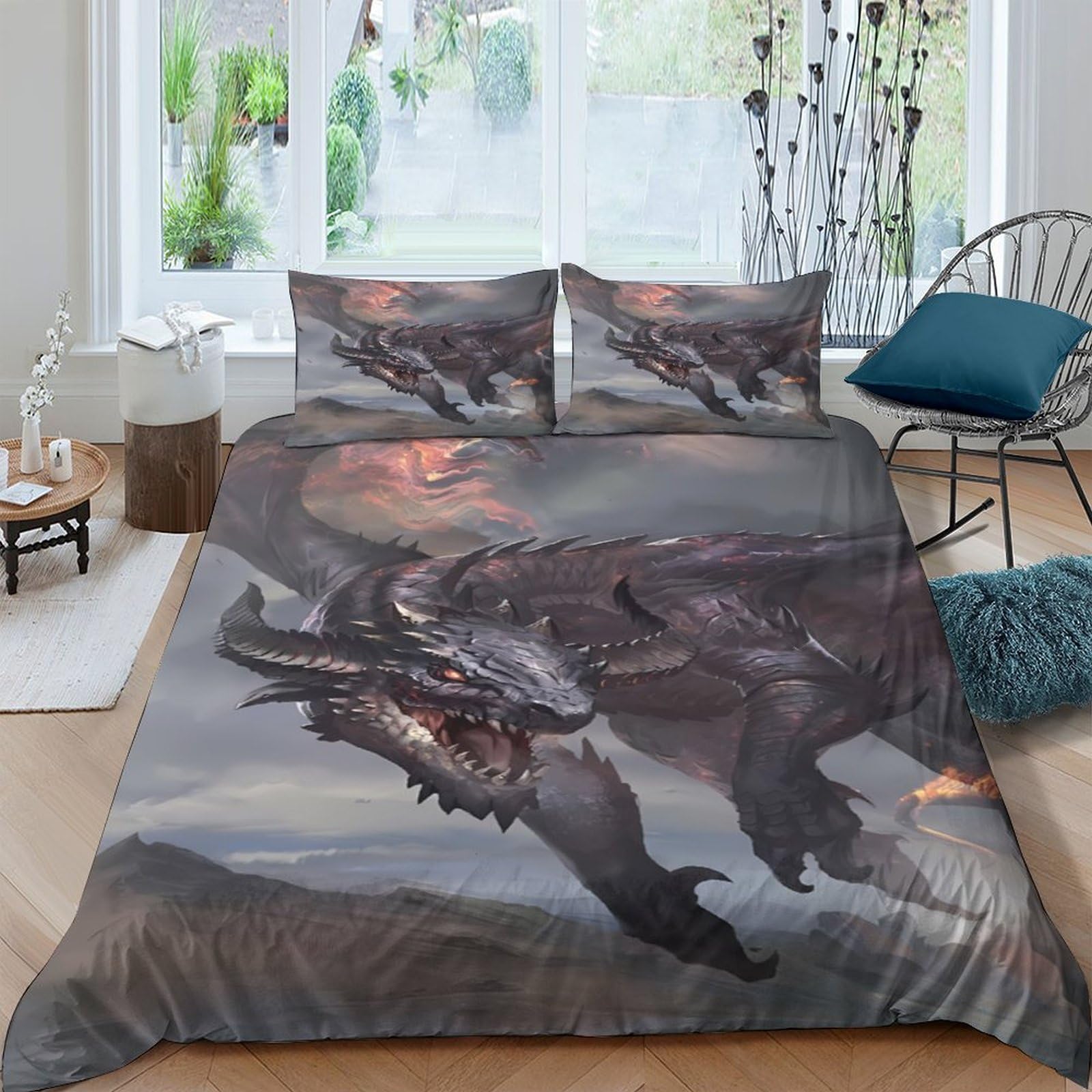 Ctjqhvkz Style-5 3D Printed Dark Dragon Fitted Sheet Microfiber Soft Breathable Fire Fantasy Bed Cover For Bedroom Guest Room Decor Single（135X200cm）