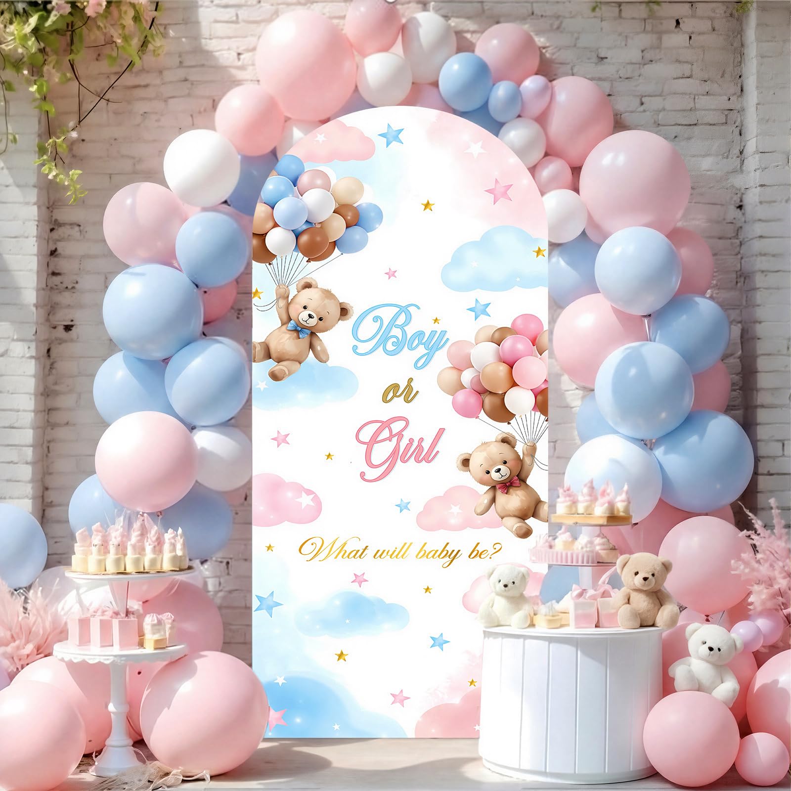 Photo 1 of Lumina Garden 6 ft Bear Gender Reveal Arch Cover Pink Blue Gender Reveal Party Decorations Arch Backdrop Stand Cover Stand Not Included Stretchy Background for Photo Props