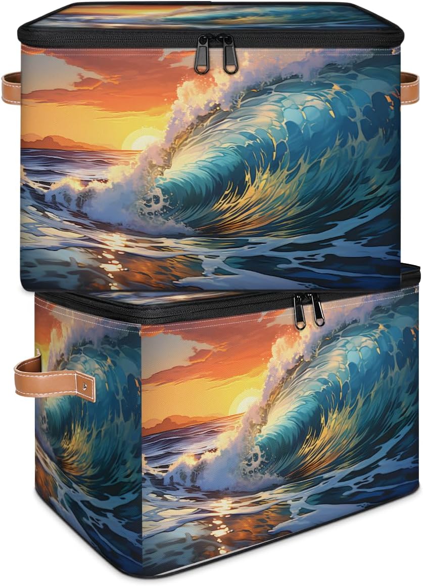 Storage Bin Set of 2 Seawater Sunset Storage Basket with Zipper Lid & Handle Foldable Closet Shelf 2 Pack Cloth Organizer Basket Cube Bins Clothes Organizer for Nursery, Bedroom