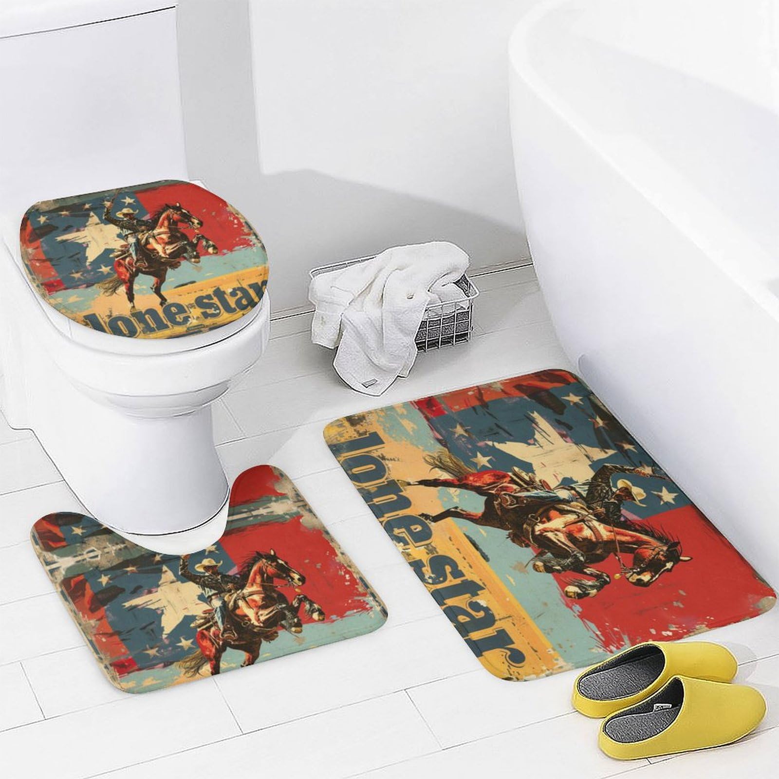 Ensemble de 4 Rideaux de Douche imperméables Vintage Wild West Cowboy, Drapeau américain Rustique de Ferme Occidentale avec Tapis de Douche et Housse de Toilette imperméables