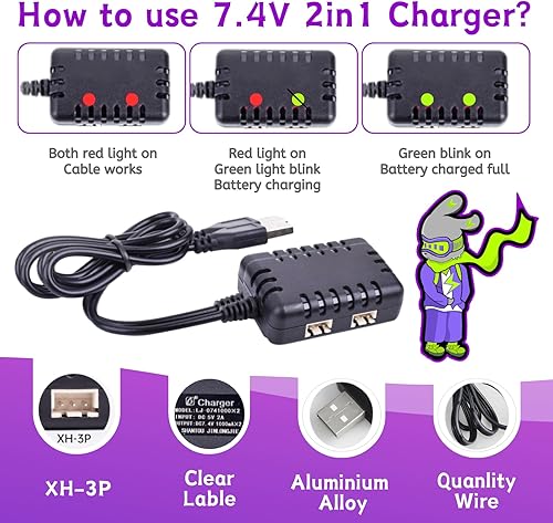 Miniatura 6 de 2 baterías recargables de iones de litio de 7.4 V 3400 mAh JST Plug (rojo) para ciertas velocidades de control remoto, Truggy RC Boat Drone Airsoft