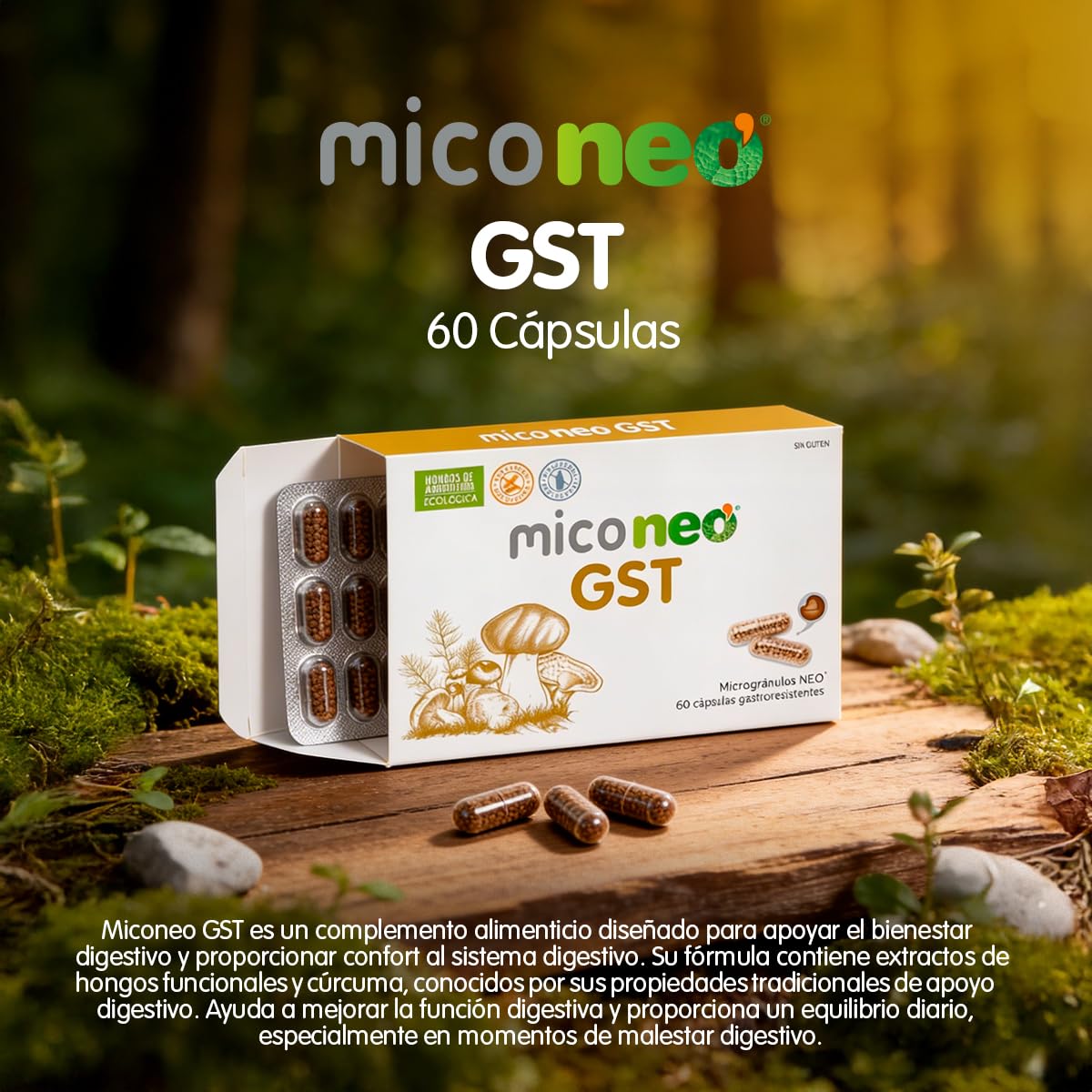 Mico NEO | GST | 60 Cápsulas | Con Reishi, Melena de León, Shiitake y Cúrcuma | Suplemento Elaborado con Hongos | Apoyo Digestivo Natural