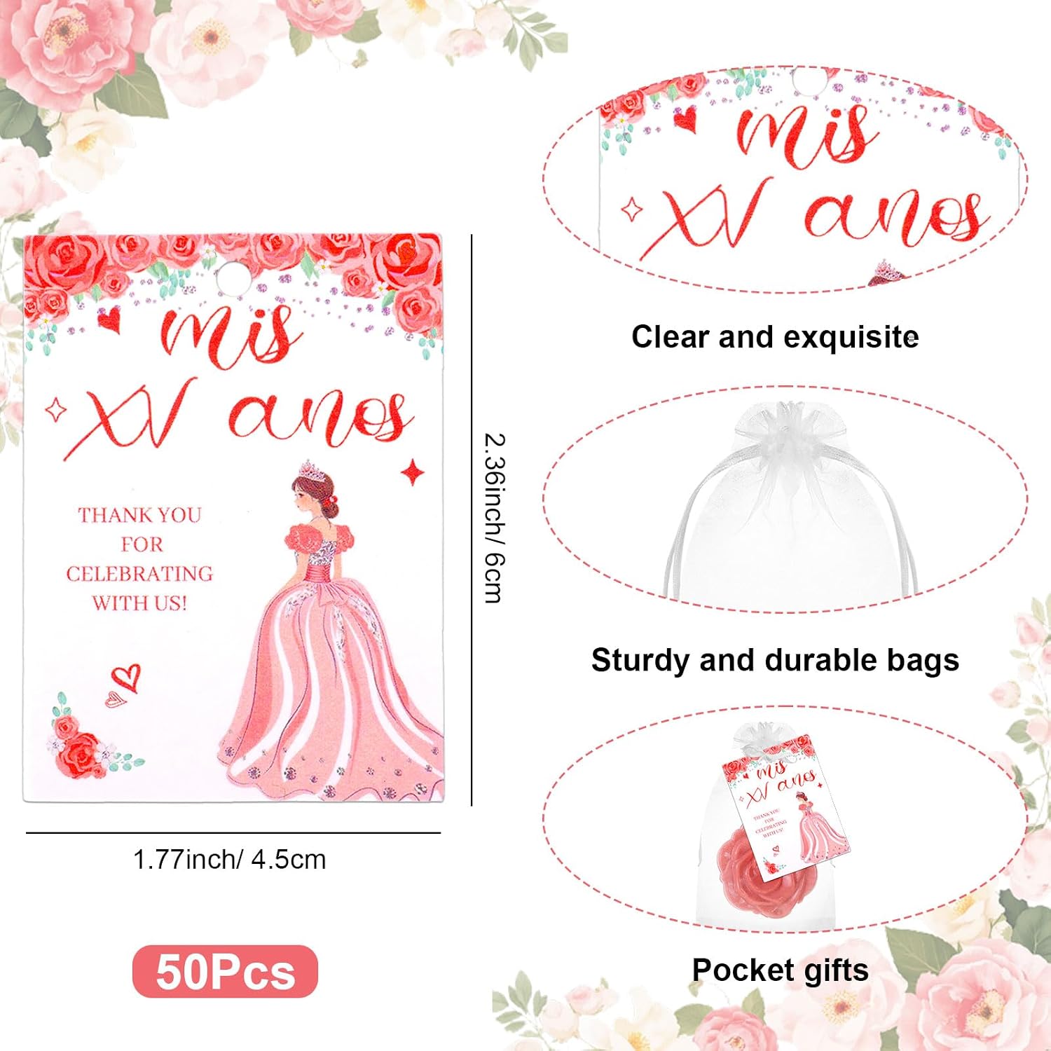 50 Sets Quinceanera Party Favors for Guests Rose Compact Mirror Bulk for 15th Birthday Sweet Souvenir Gifts with Thank You Cards for Wedding Bridal Shower Reception Party