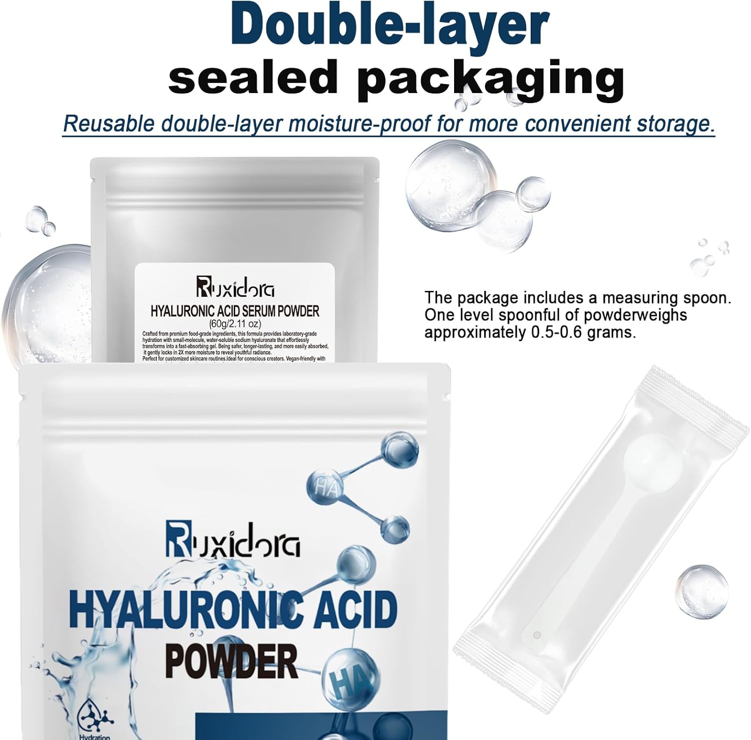 Pure Hyaluronic Acid Powder for Skin & Face (Sodium Hyaluronate) - Low Molecular Weight, Cosmetic Grade DIY Serum Ingredient for Deep Hydration, Acido Hialuronico en Polvo-Includes Scoop-60g(2.12oz) - Image 6