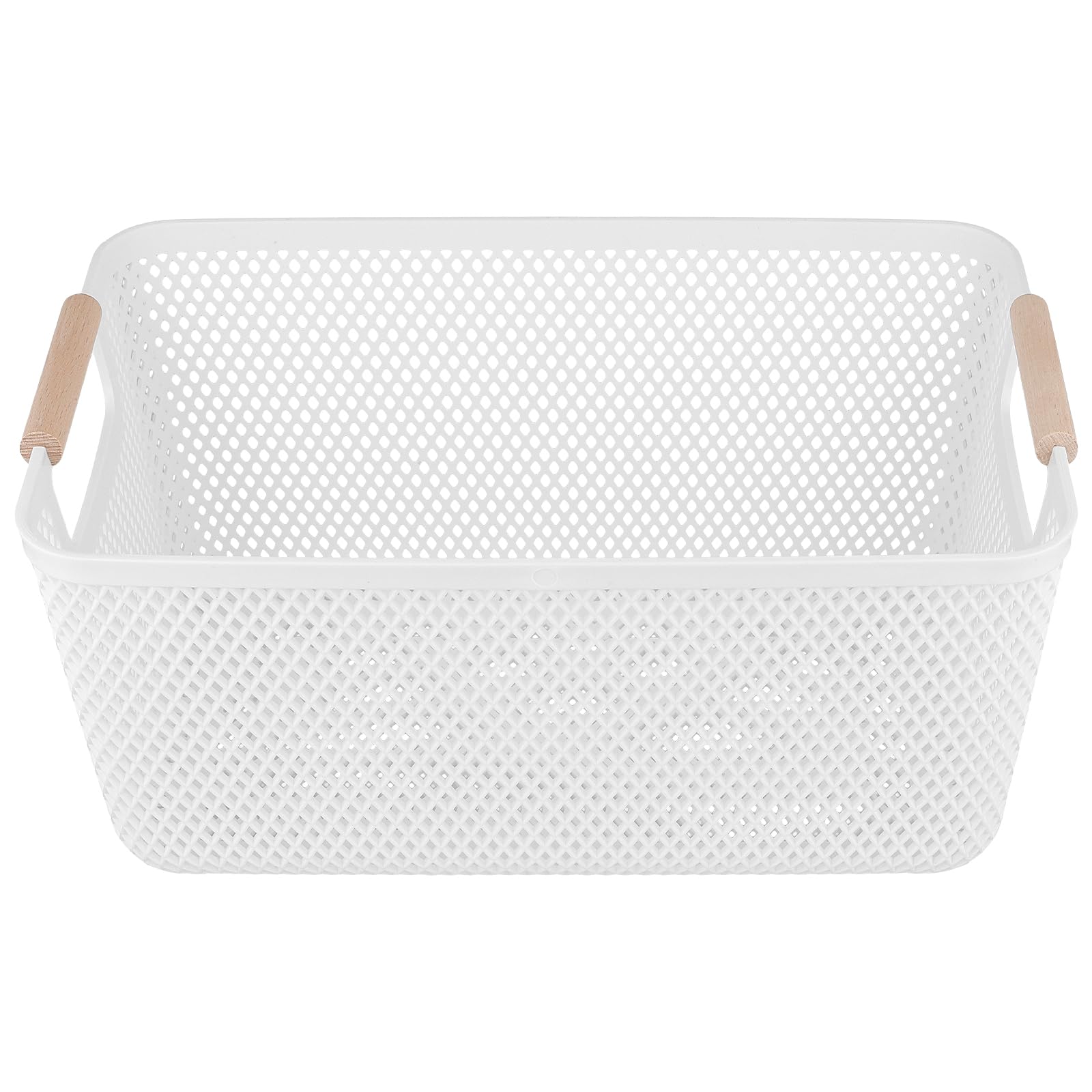 6 Stück Aufbewahrungsbox Weiß Groß, 35,5 x 22,9 x 16,2 cm Kunststoffboxen mit Massivholzgriffen, Atmungsaktiv Aufbewahrungsboxen ohne Deckel für Bad, Küche, Wohnbereich