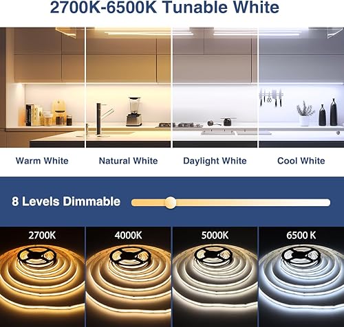 Miniatura 2 de Ustarus COB - Tira de luz LED blanca regulable de 16.4 pies, 24 V, 2700 K-6500 K, cinta de tira de luz COB con control remoto RF 3200 LED CRI93+