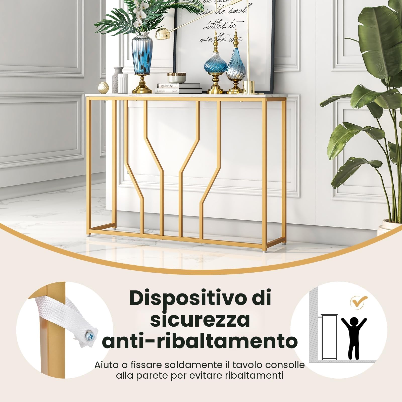 GIANTEX Tavolo Consolle Effetto Marmo con Struttura Geometrica | Tavolo da Ingresso Bianco Oro, Tavolino da Divano 110x30x80 cm