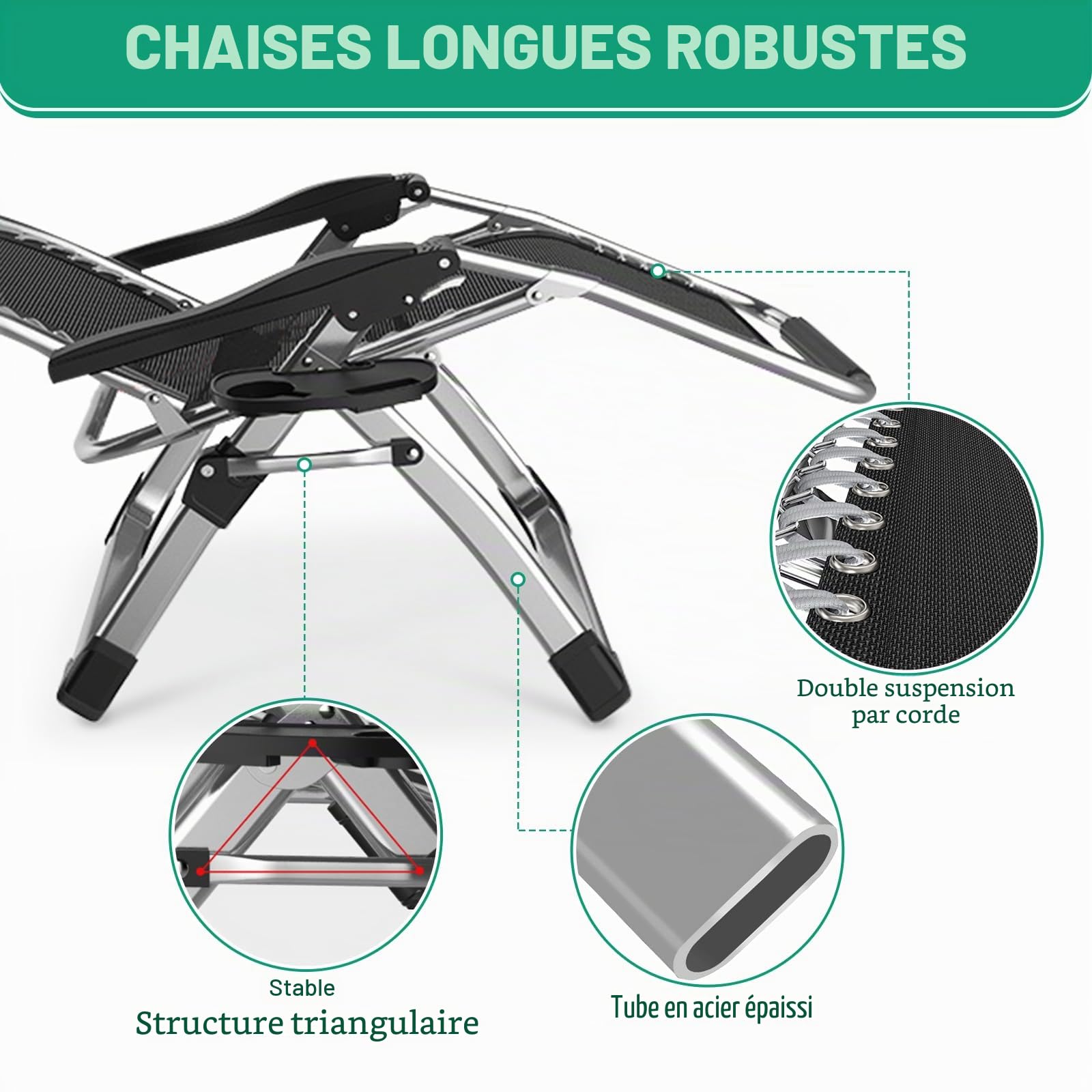 Chaise longue pliable pour le soleil, chaise de terrasse, avec capacité de charge de 200 kg, chaise à gravité zéro avec support de coussin, porte-gobelets, chaise longue de jardin extra-large