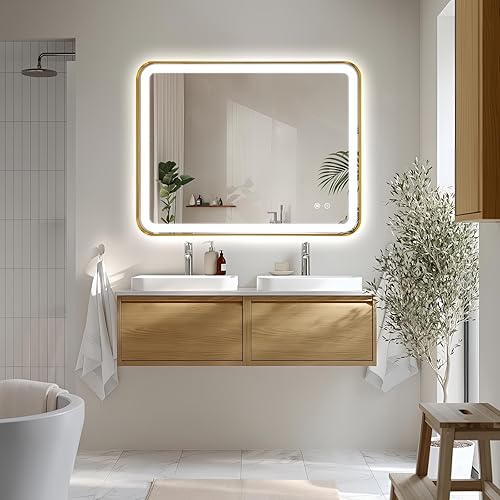 Espejo de baño LED rectangular, 36 x 28 pulgadas, antiempañamiento, doble tacto, iluminado, espejo de tocador de pared con marco de metal biselado