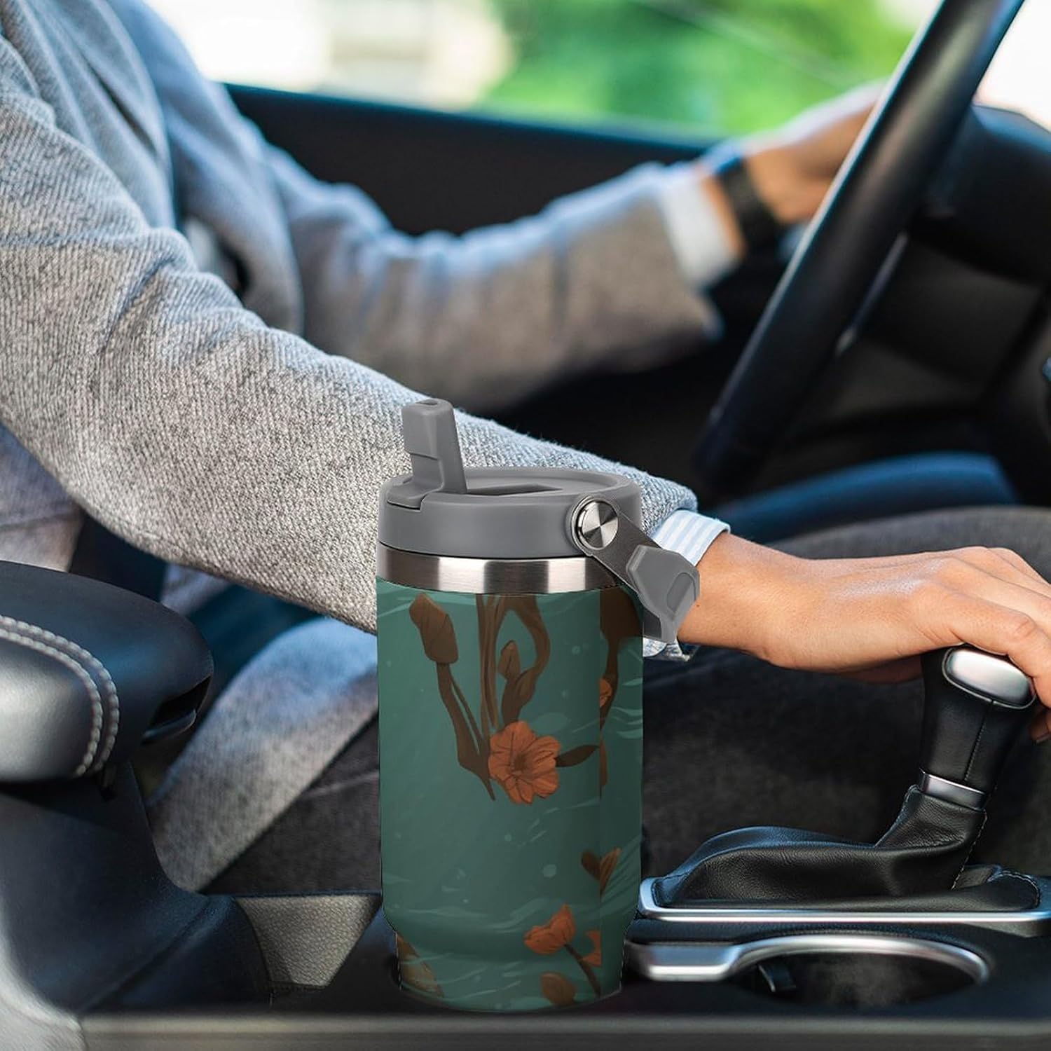 30oz Insulated Tumblers with Top Handle, Stainless Steel Otters in Love Car Cup with Straw for Gift, Leak-Proof Double Wall Vacuum Travel Mug, Personalized Water Bottles White