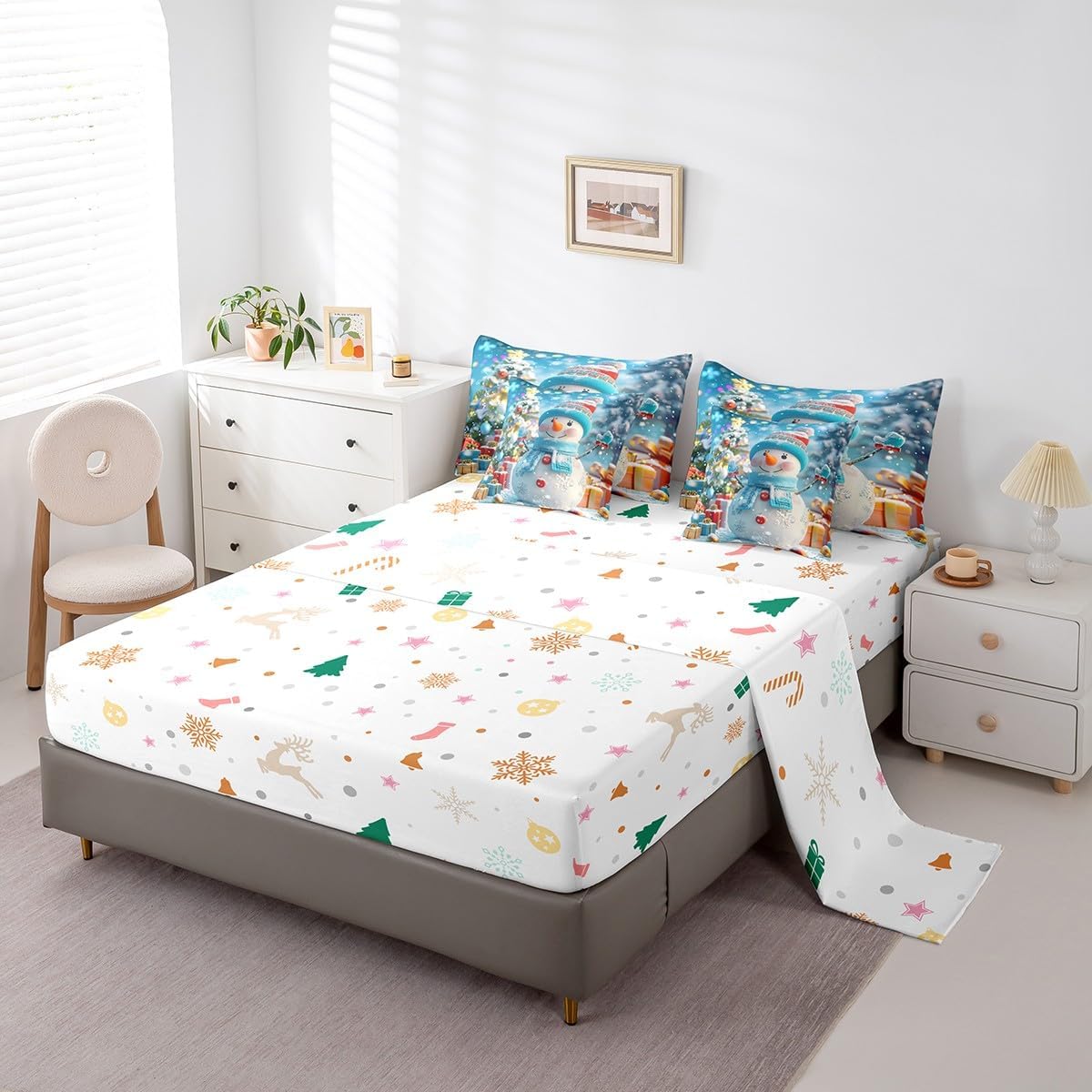 Homewish Queen Size 7 Piece Bedding Sets Snowflake Snowman Comforter Set Merry Christmas Bed Sheet Blue Reversible Printed Quilt Set + Flat Sheet + Fitted Sheet + 2 Pillowcase + 2 Throw Pillow Covers
