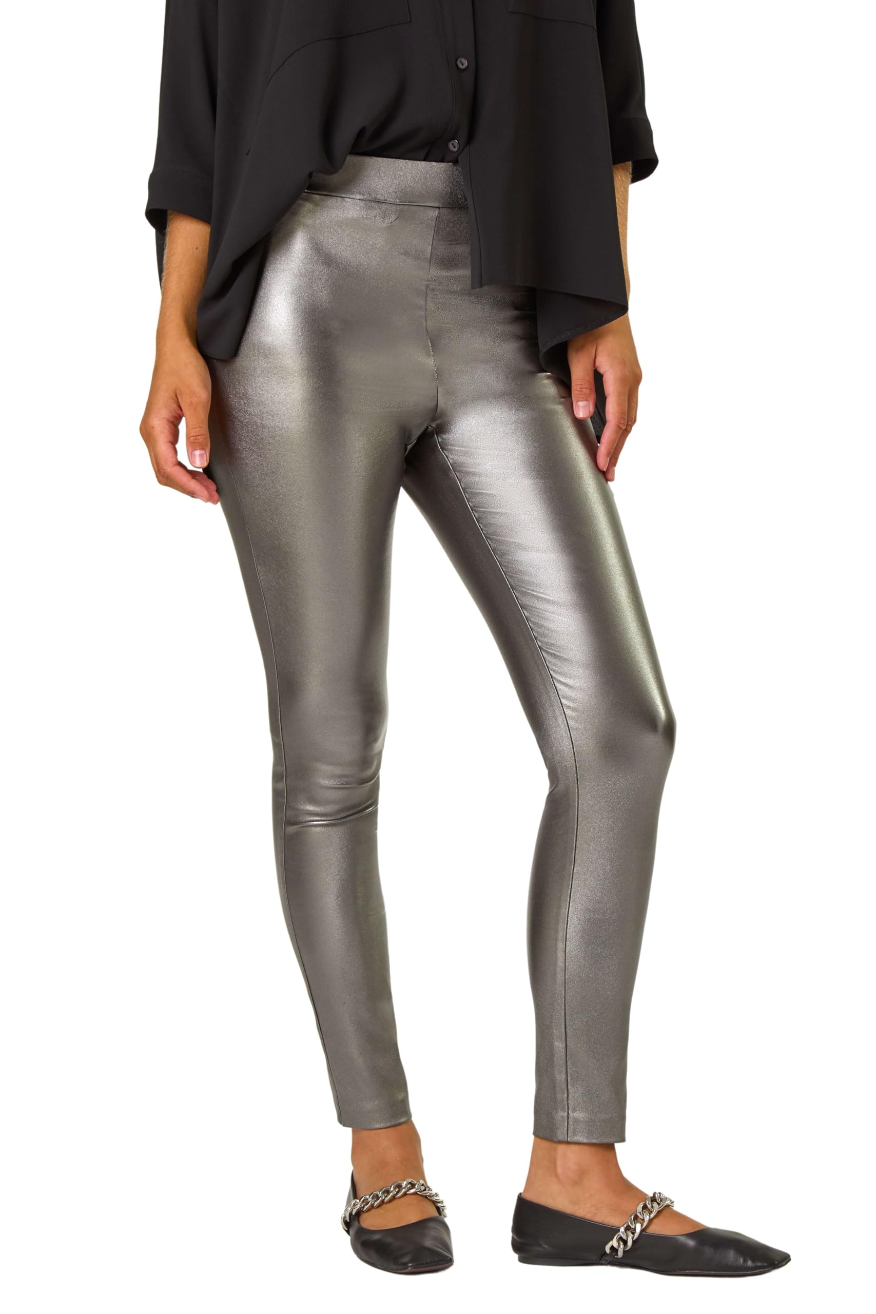 Roman Women's Pewter Coated Elastic Waist Bengaline Stretch Trouser Size 12