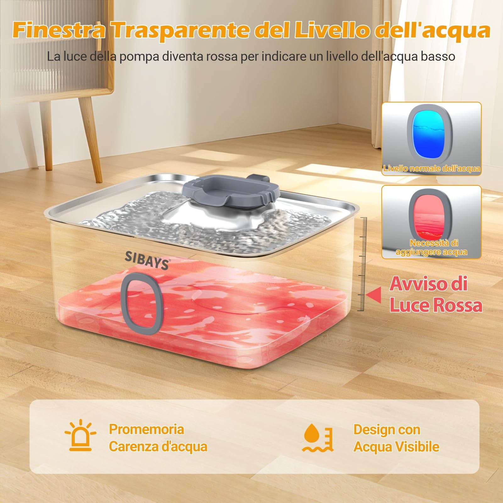 Sibays 15L Fontanella per Gatti, Grande Fontanella per Cani Acciaio Inox con Vasca più Ampia & Profonda, Fontana per Gatti Ultra Silenziosa con LED & Finestra Trasparente - Ideale per Cani e Multi-Pet