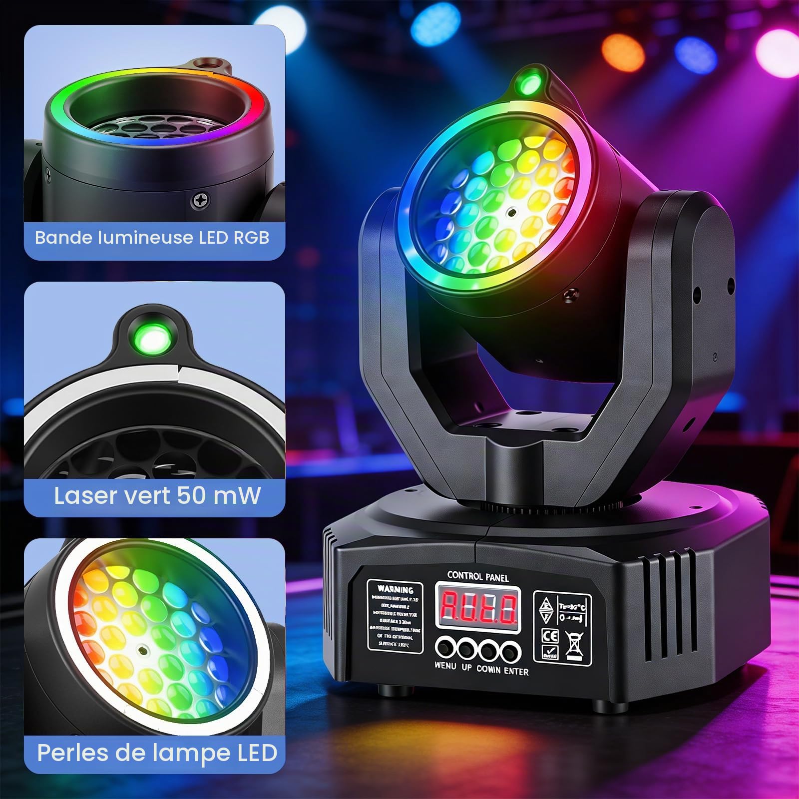 4-en-1 Lyre LED Tête Mobile Beam Laser avec Télécommande, 30W Projecteur RGBW + Laser Vert, Jeux de Lumiere pour Soiree DJ, DMX512, Commande Vocale pour Disco Bar KTV Mariage