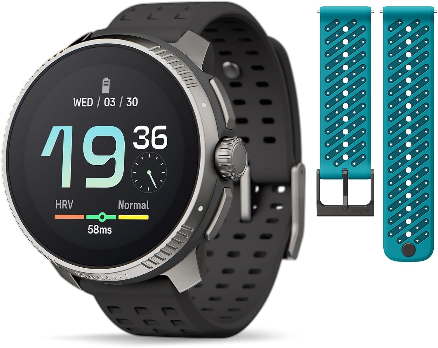 SUUNTO Race GPS Sports Watch, 1.43" AMOLED Touchscreen w/Crown Button Charcoal Titanium & SUUNTO 22 ATH8 Silicone Strap Wave Blue S+M