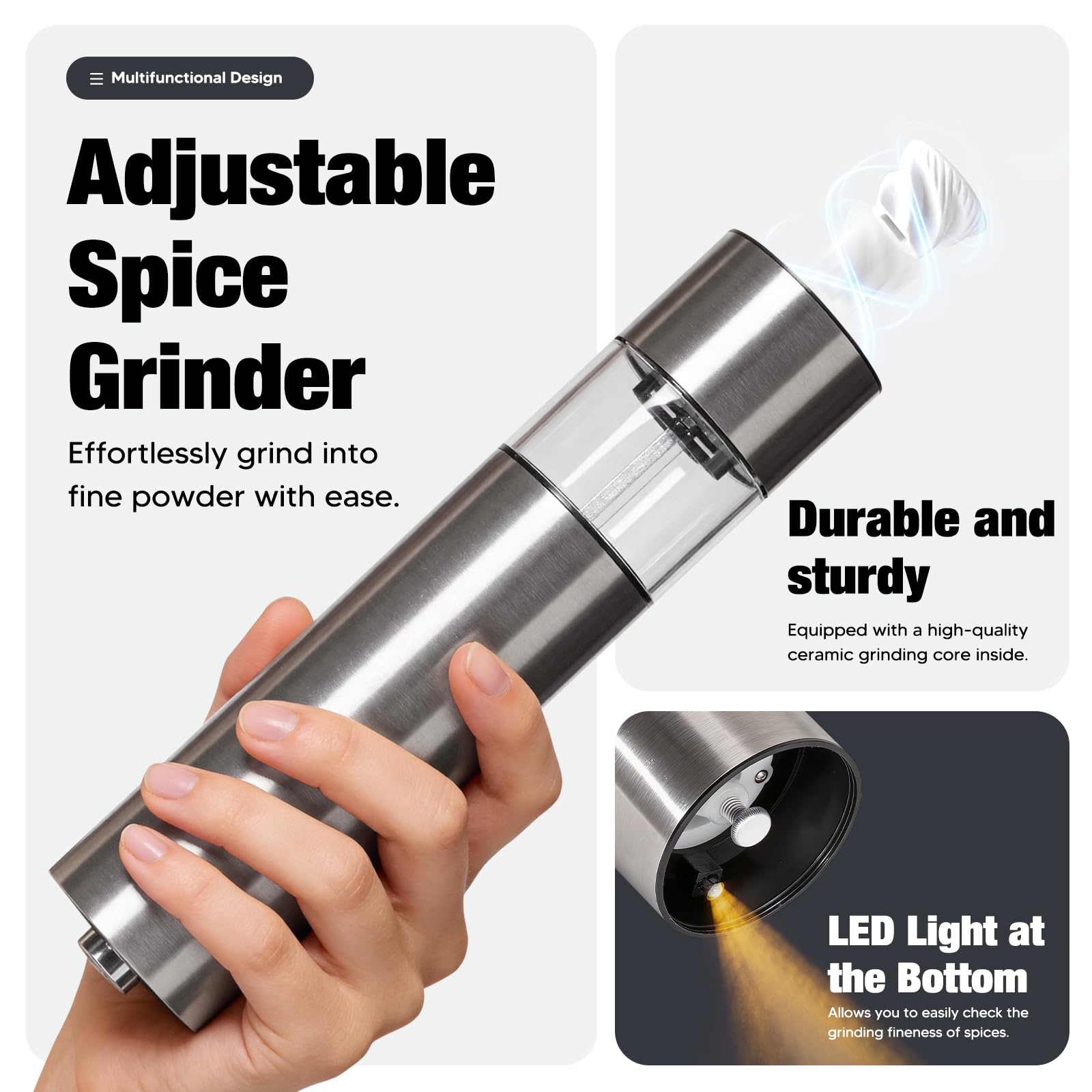 2 Pezz Macina Sale e Pepe Elettrica Macinapepe in Acciaio Inossidabile Macinapepe Elettrico,Luce LED e Rugosità Regolabile (Acciaio Inox 02)