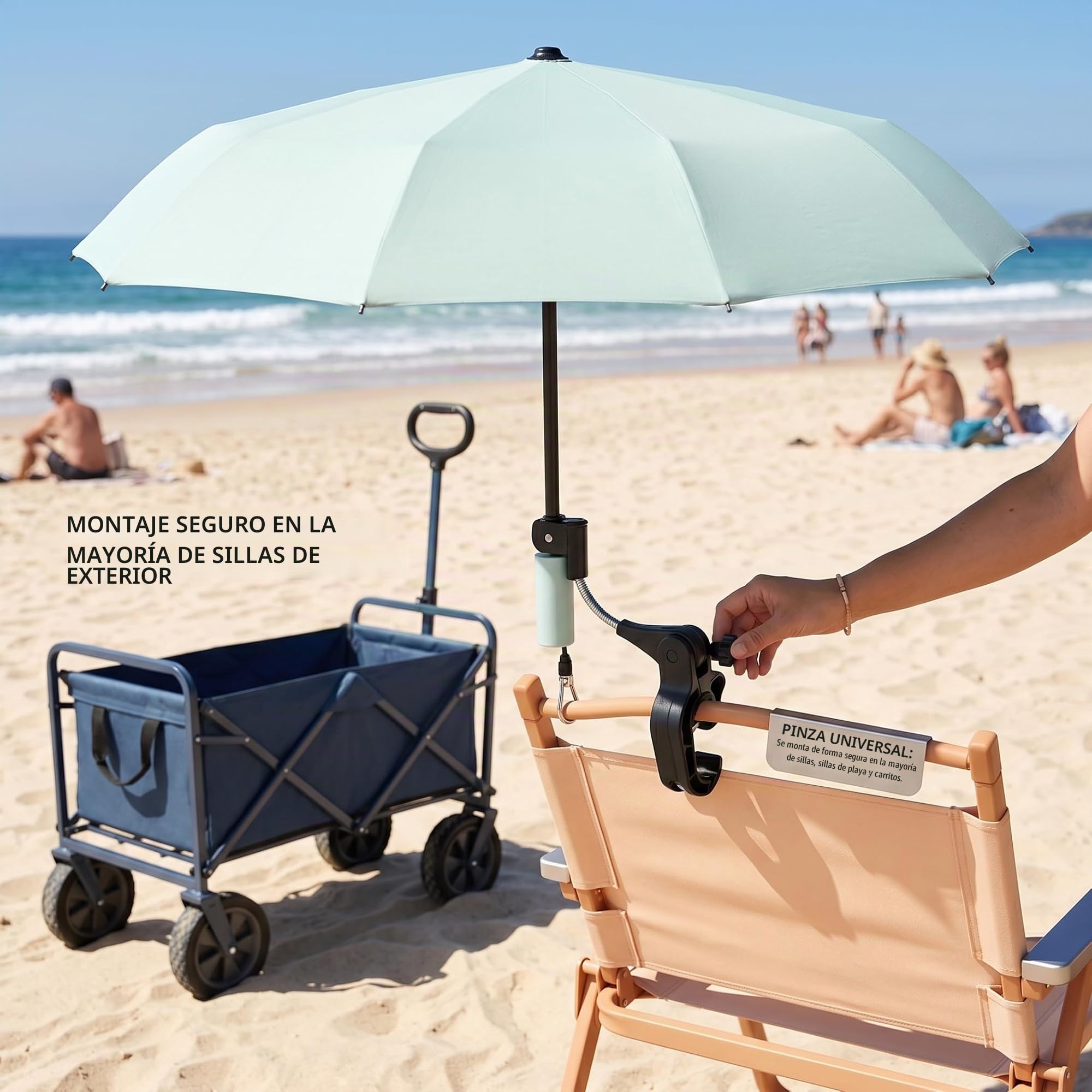 Sombrilla para Silla con Abrazadera Ajustable, Parasol con Clip para sillas Plegables de Playa y Pesca al Aire Libre, 25 Pulgadas, 10 Varillas, Verde Menta