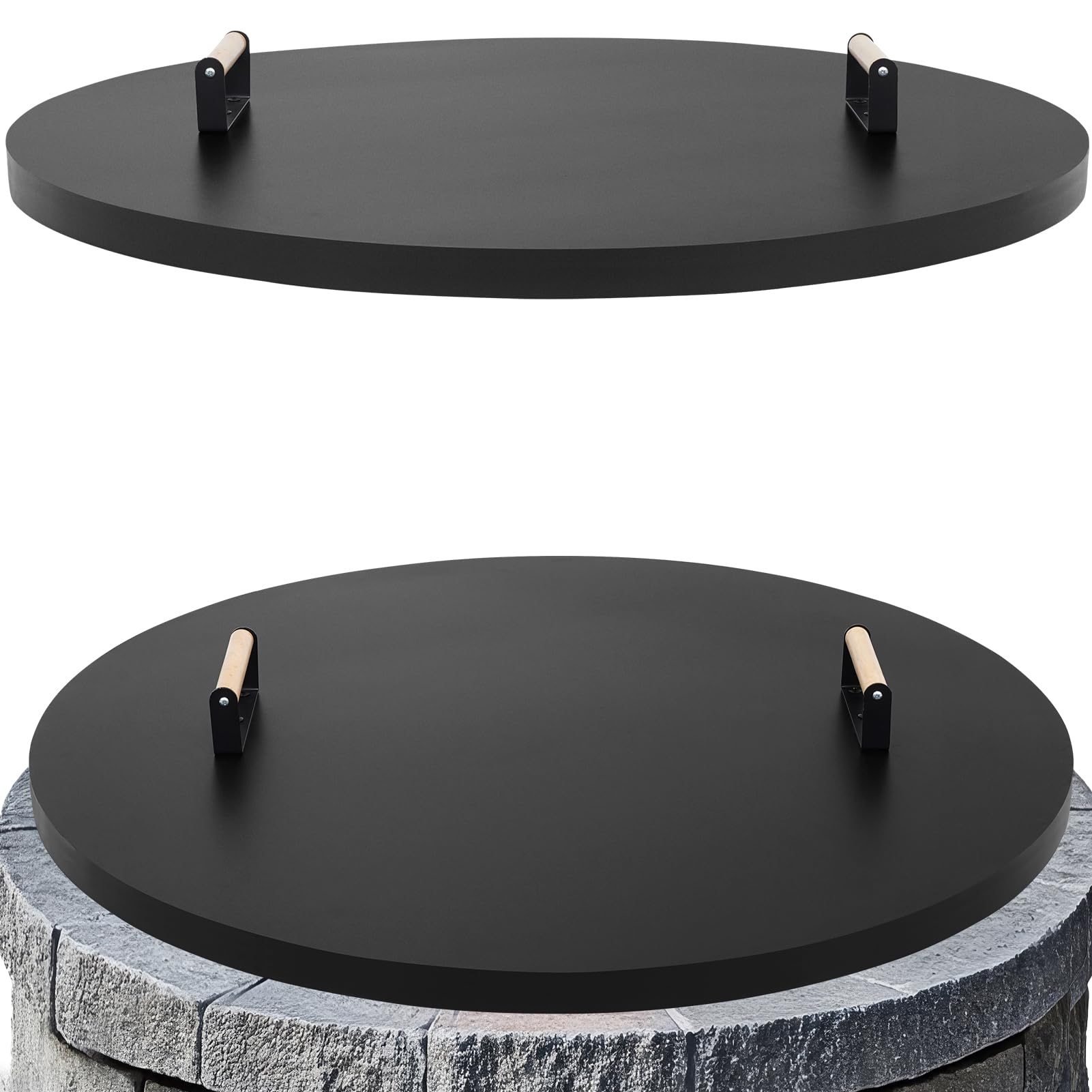 Couvercle de foyer rond en métal lourd avec poignées nobles en bois chic