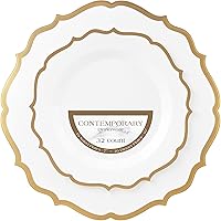 Vista 22 de Plasticpro Juego de 64 piezas de elegantes platos de plástico desechables incluye 32 platos de cena y 32 platos para ensalada, vajilla resistente
