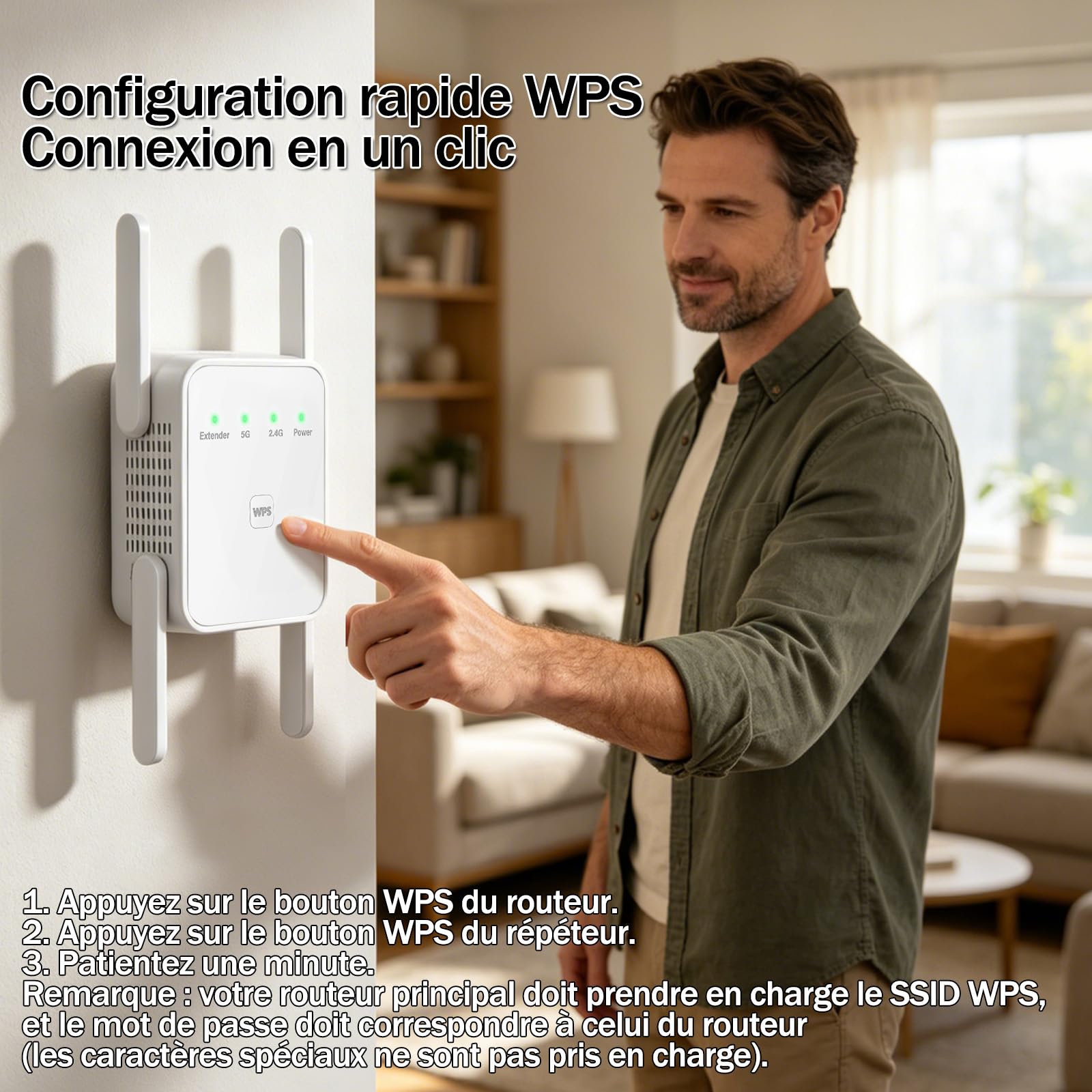 Répéteur WiFi 1200Mbps, Puissant WiFi Booster Double Bande 5GHz & 2.4GHz | Configuration WPS en un clic,4 antennes pour une couverture de 12 880 m², installation simple, parfait pour le télétravail