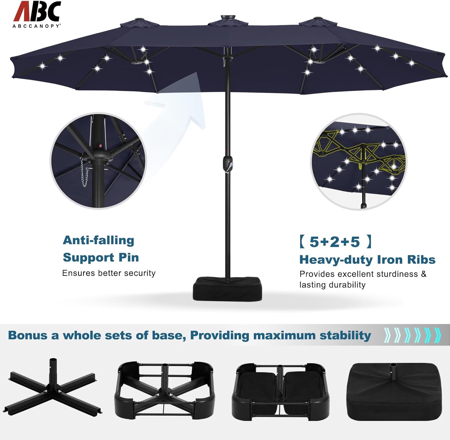 ABCCANOPY 15ft Umbrella Outdoor Patio Solar Lights with Base, Outdoor Double-Sided Rectangle Umbrella for Poolside, Lawn, Backyard (Navy Blue)