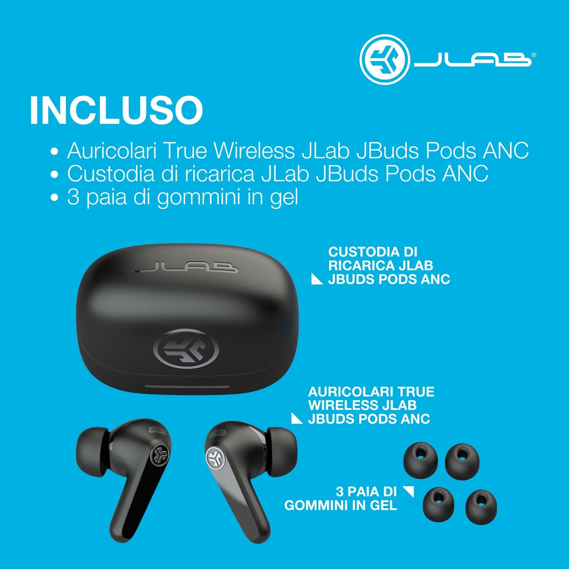 JLab JBuds Pods ANC Cuffie Wireless Bluetooth - Auricolari Bluetooth con Cancellazione Rumore, 56+ Ore Autonomia, True Wireless, IP55 Resistenti Sudore, Audio Personalizzabile, Controllo App, Nero