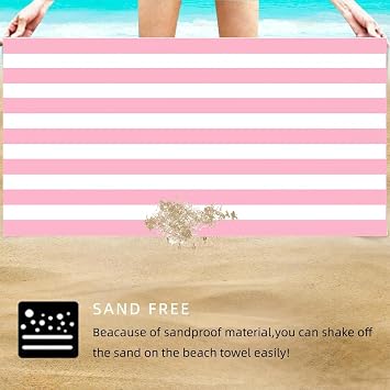 Large Quick Dry Microfibre Beach Bath Towel for Adult,Double Sides Pink White Striped Sand Free Beach Towel with Bag,Lightweight Gym Yoga Sports Towel,Compact Travel Summer Beach Towel for Women Men